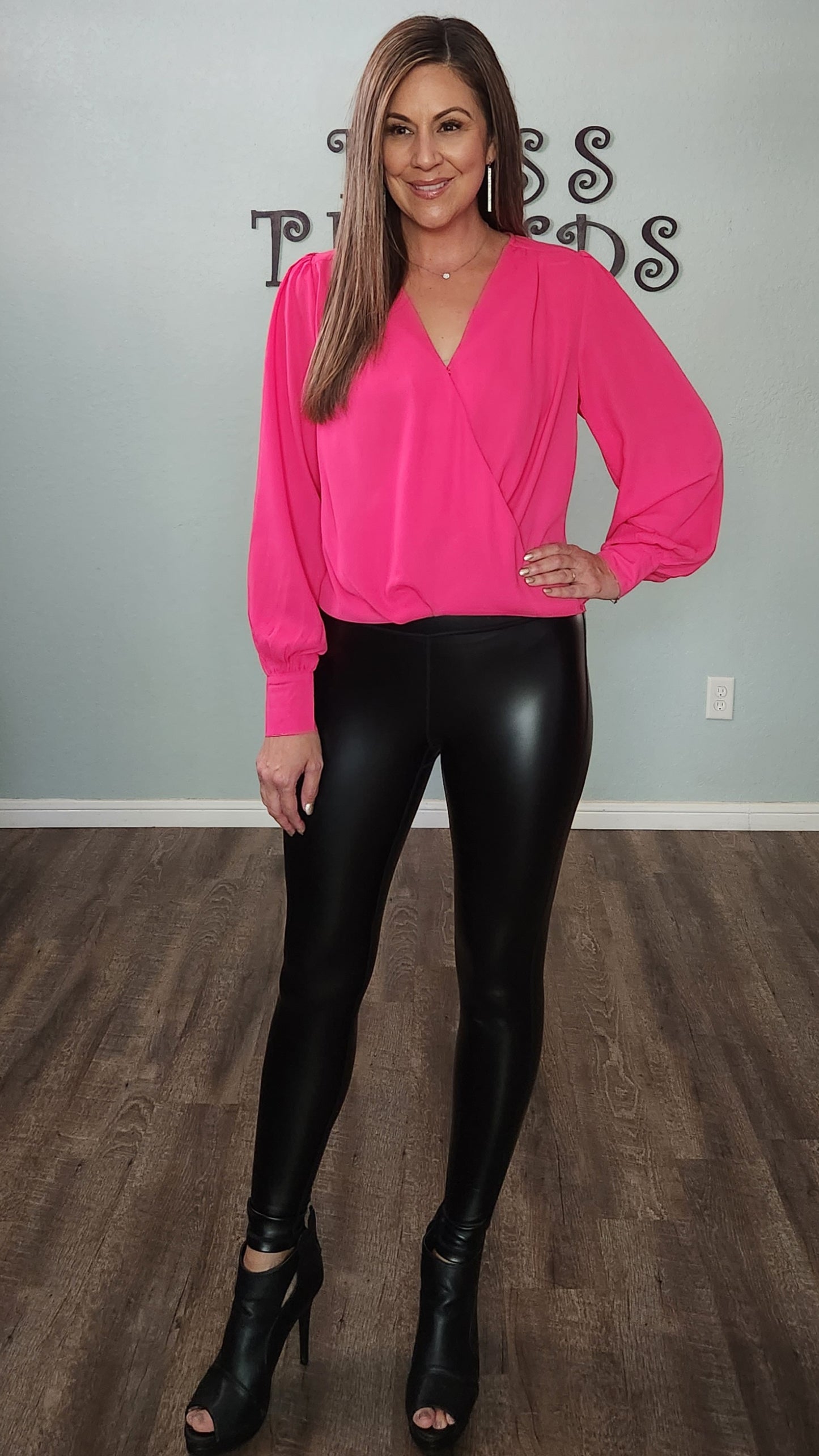 Mono B Glossy Liquid Highwaist Faux Leather Leggings-Black