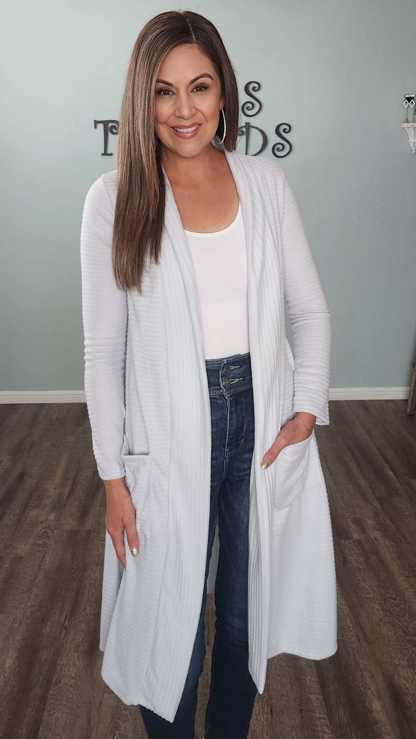 Long Open Front Cardigan-light blue grey