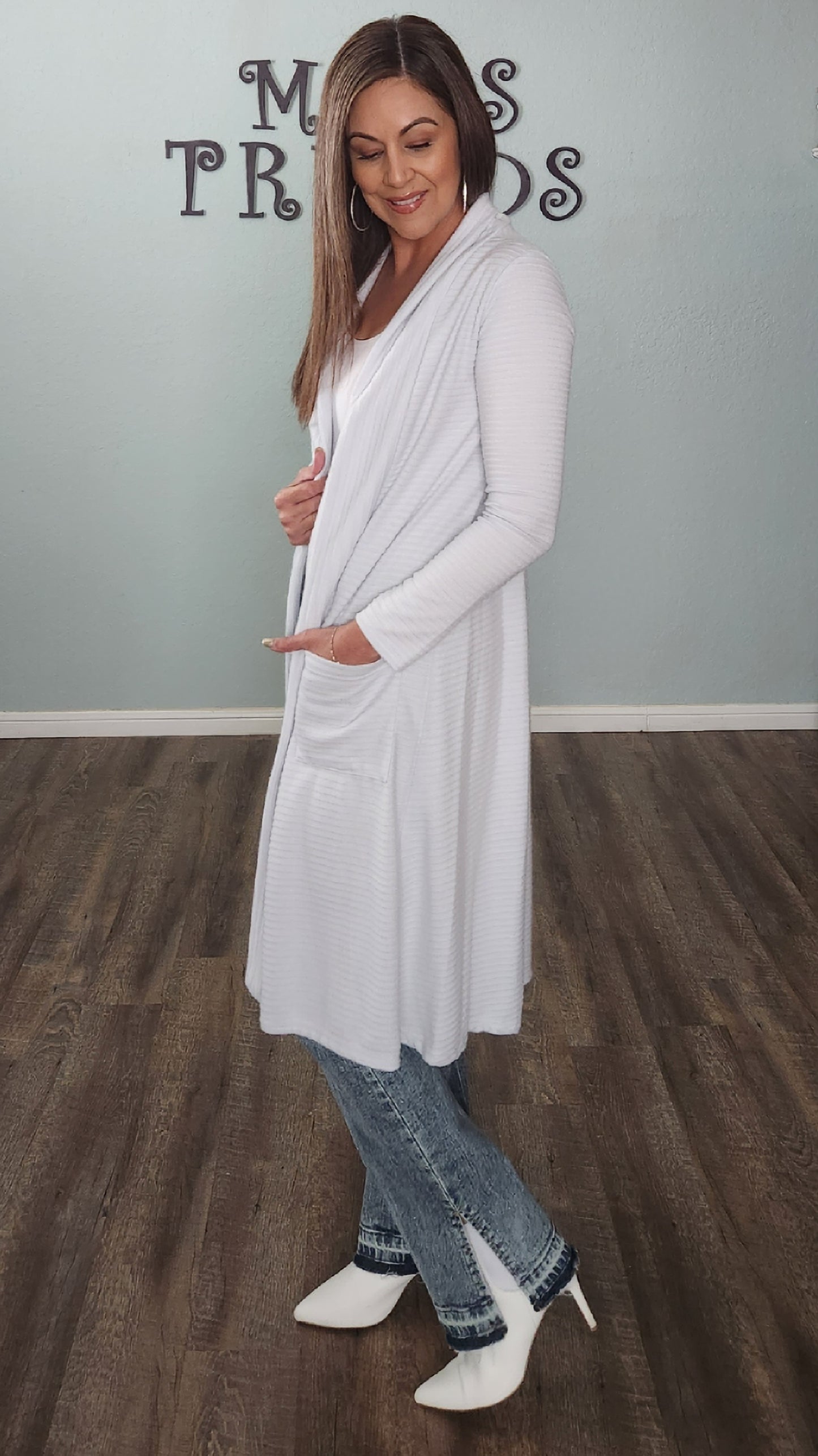 Long Open Front Cardigan-light blue grey
