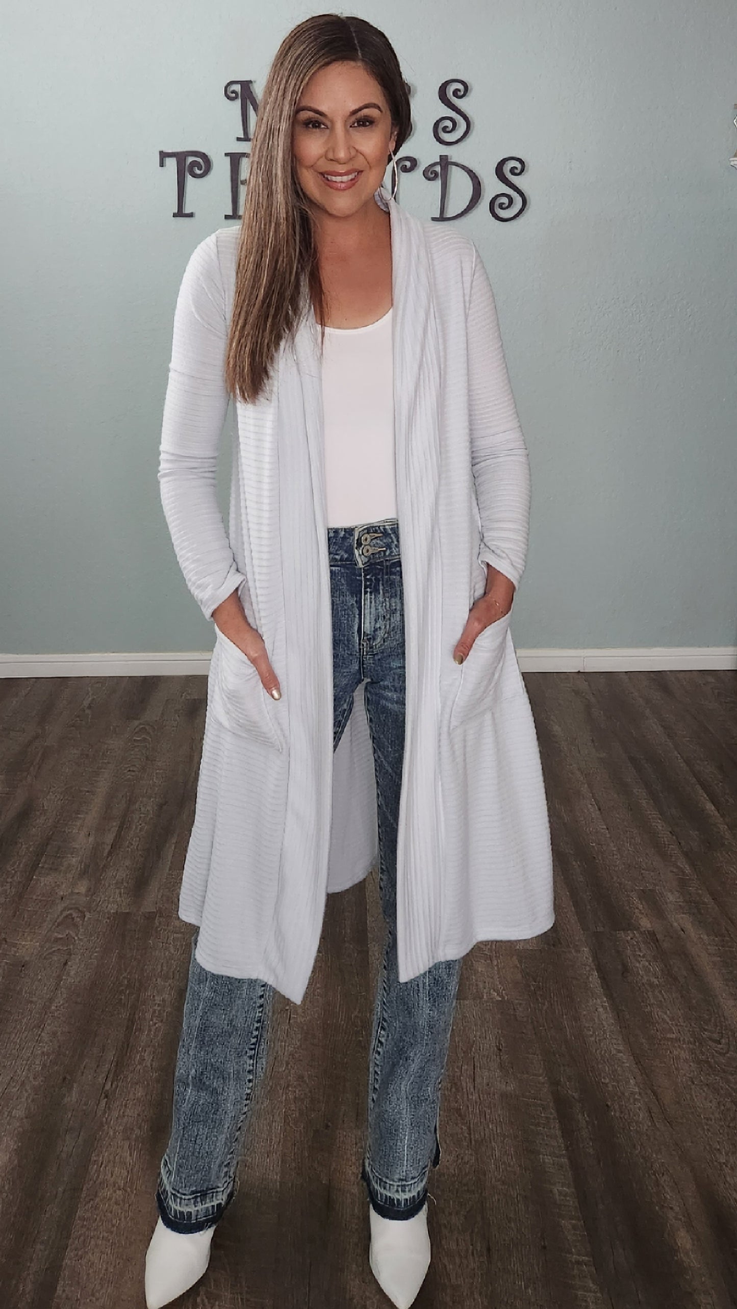 Long Open Front Cardigan-light blue grey