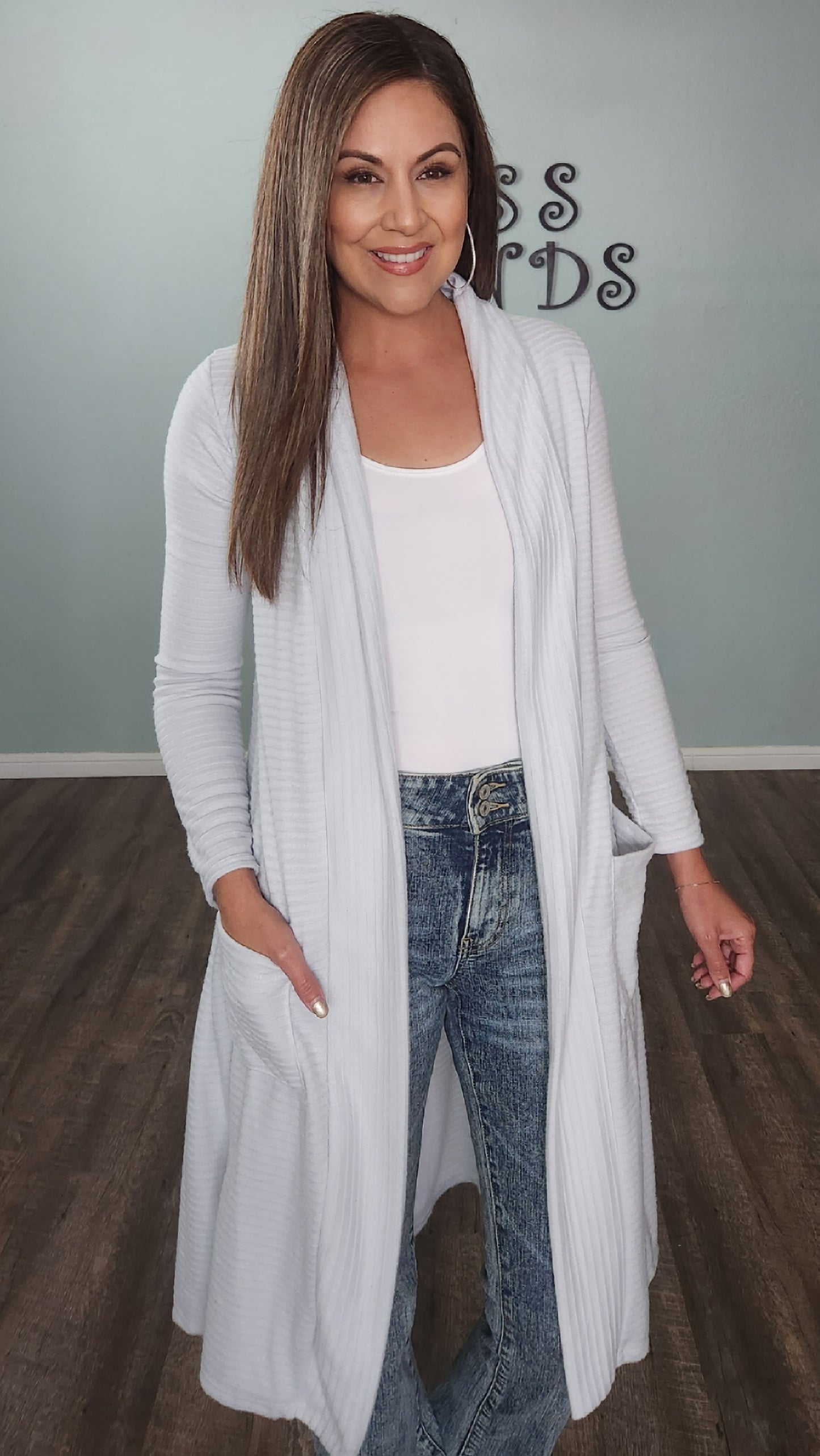 Long Open Front Cardigan-light blue grey