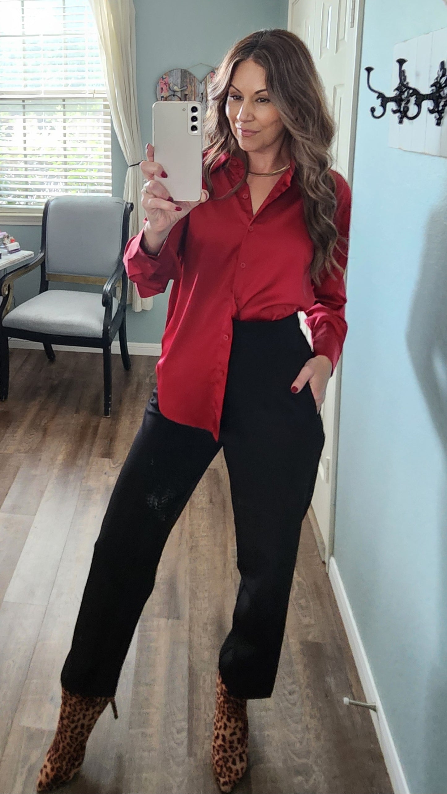 Luxurious Satin Charmeuse Button Front Shirt-Burgundy