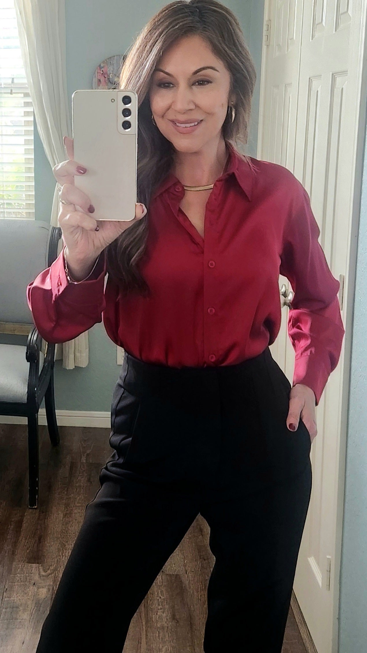 Luxurious Satin Charmeuse Button Front Shirt-Burgundy