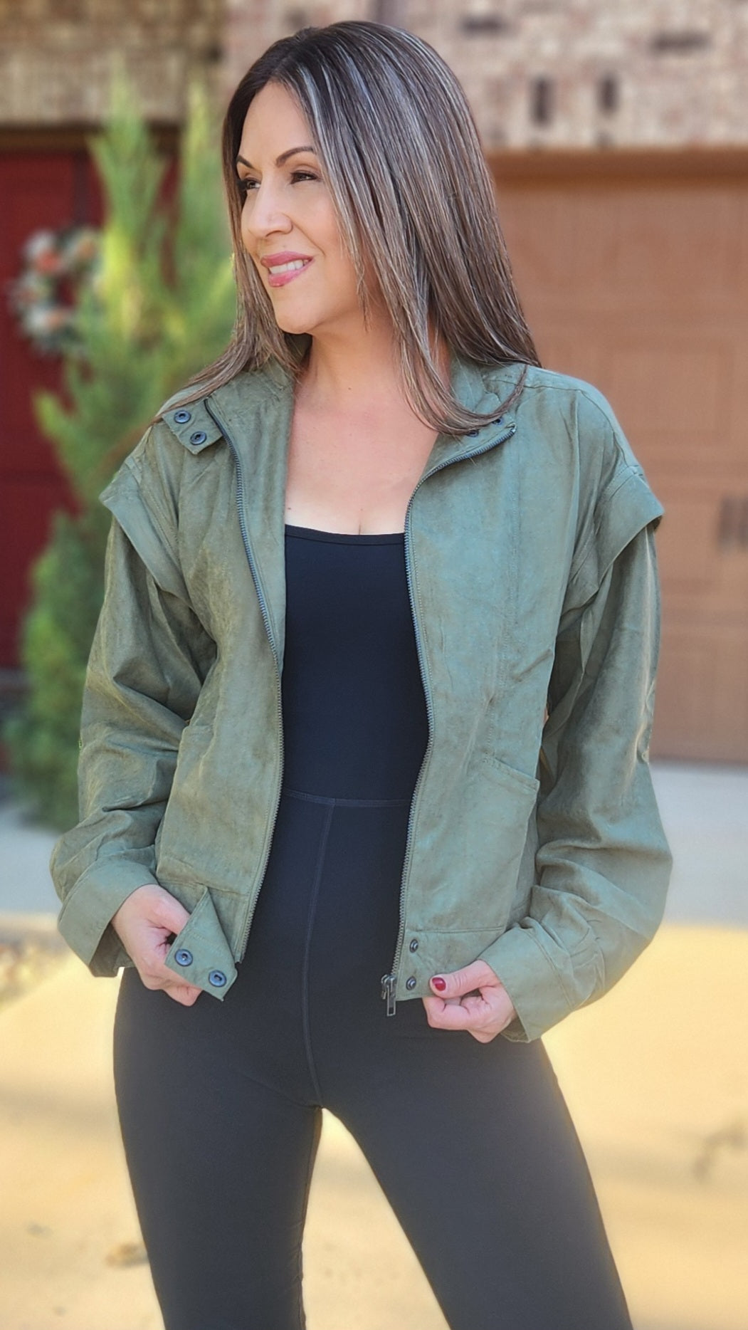 Did It Right Faux Suede Moto Jacket-Olive
