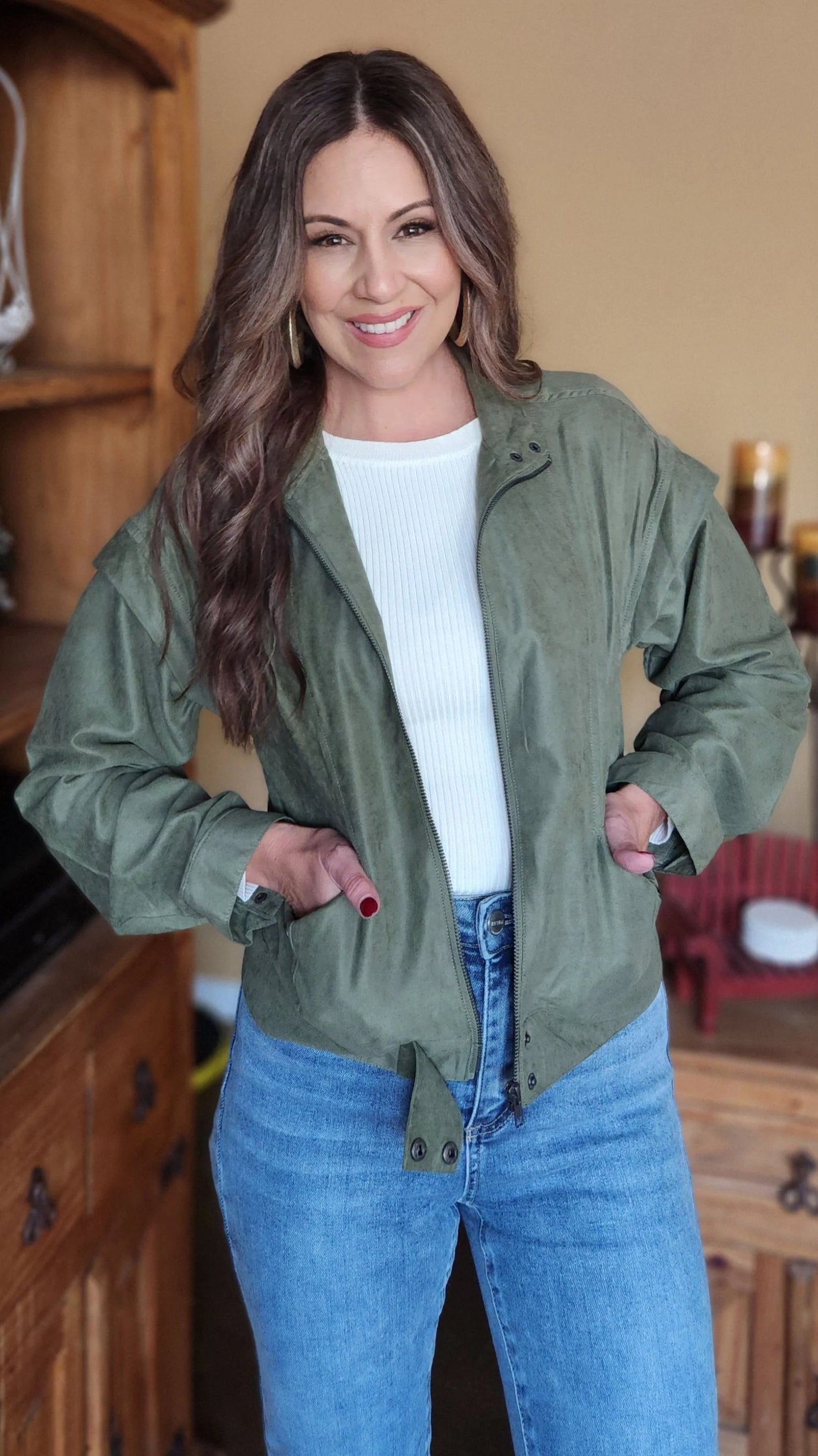 Did It Right Faux Suede Moto Jacket-Olive