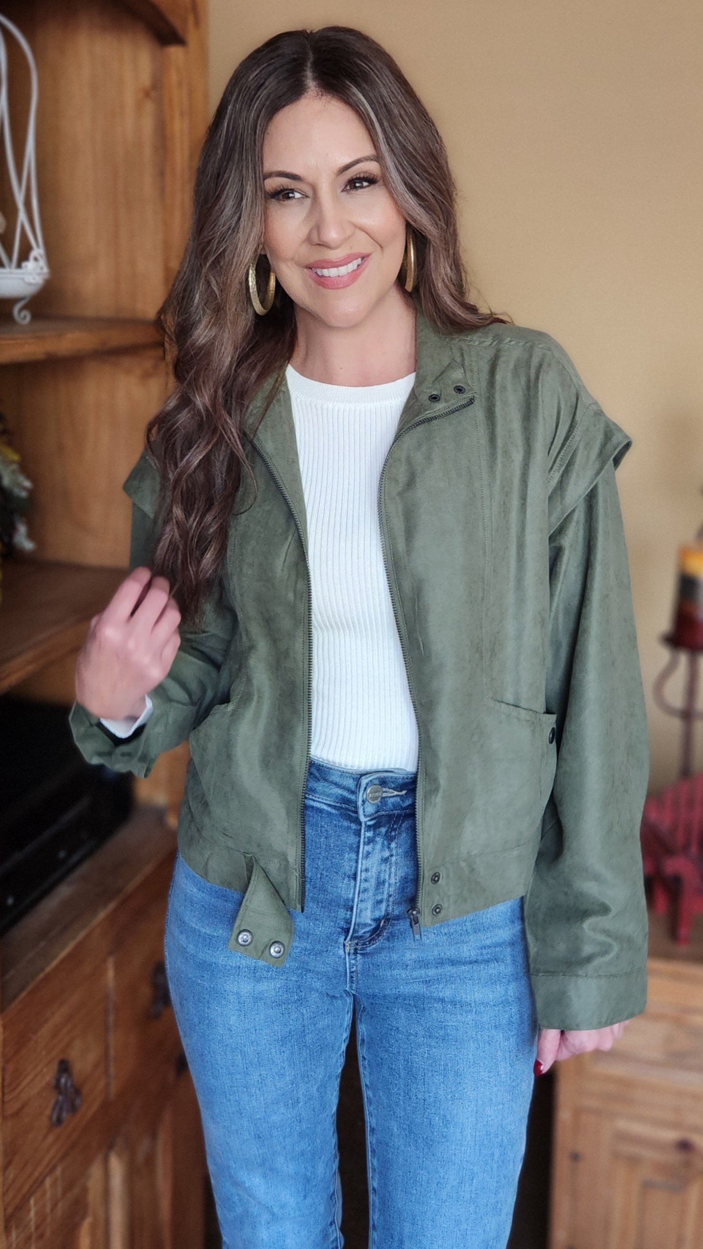 Did It Right Faux Suede Moto Jacket-Olive