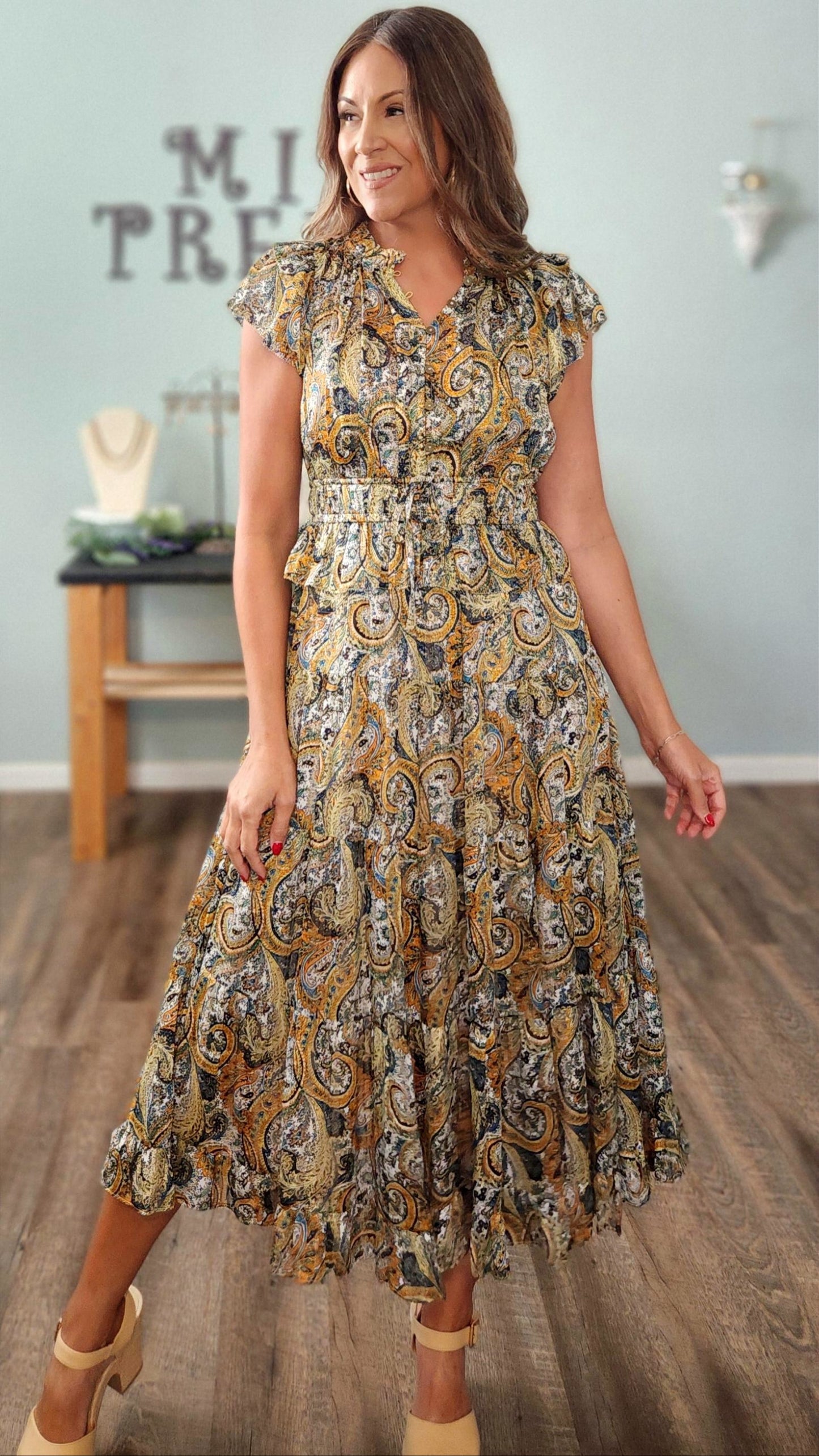 🖤Reset by Jane- Calypso Paisley Midi Dress- Boho Ruffle Detail