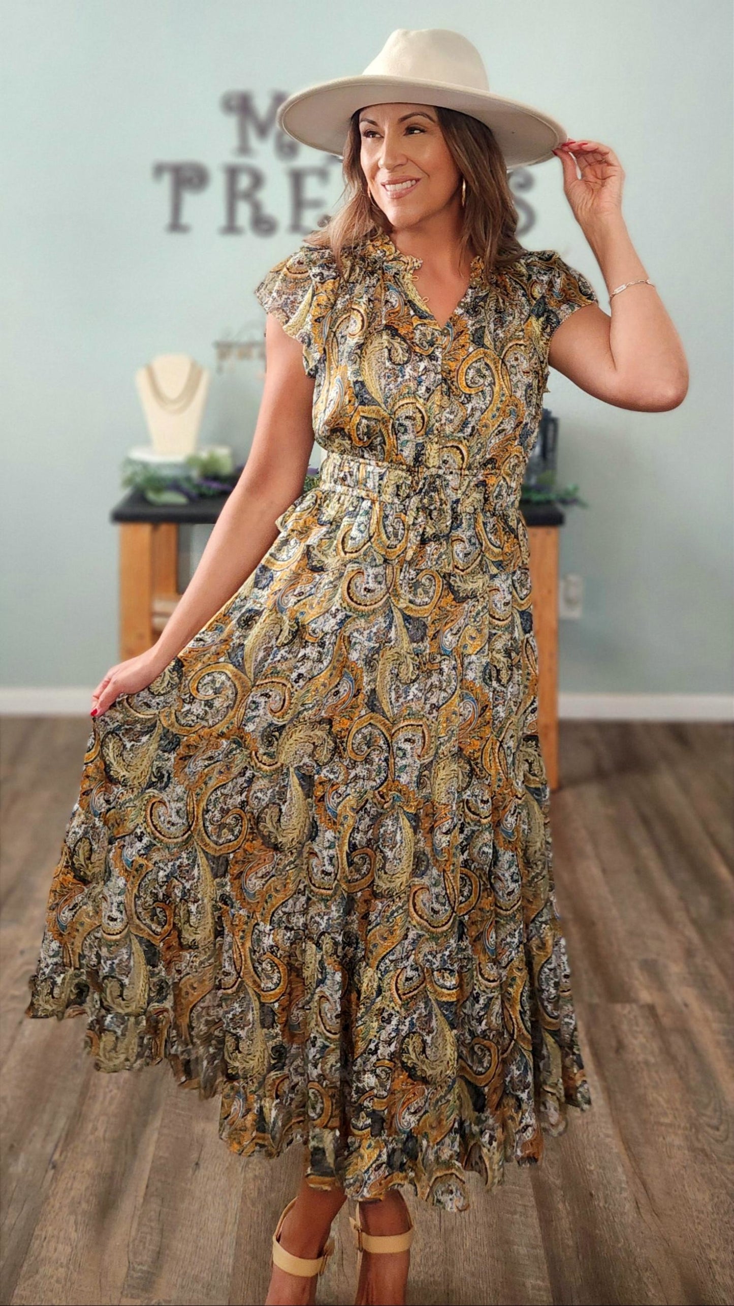 🖤Reset by Jane- Calypso Paisley Midi Dress- Boho Ruffle Detail