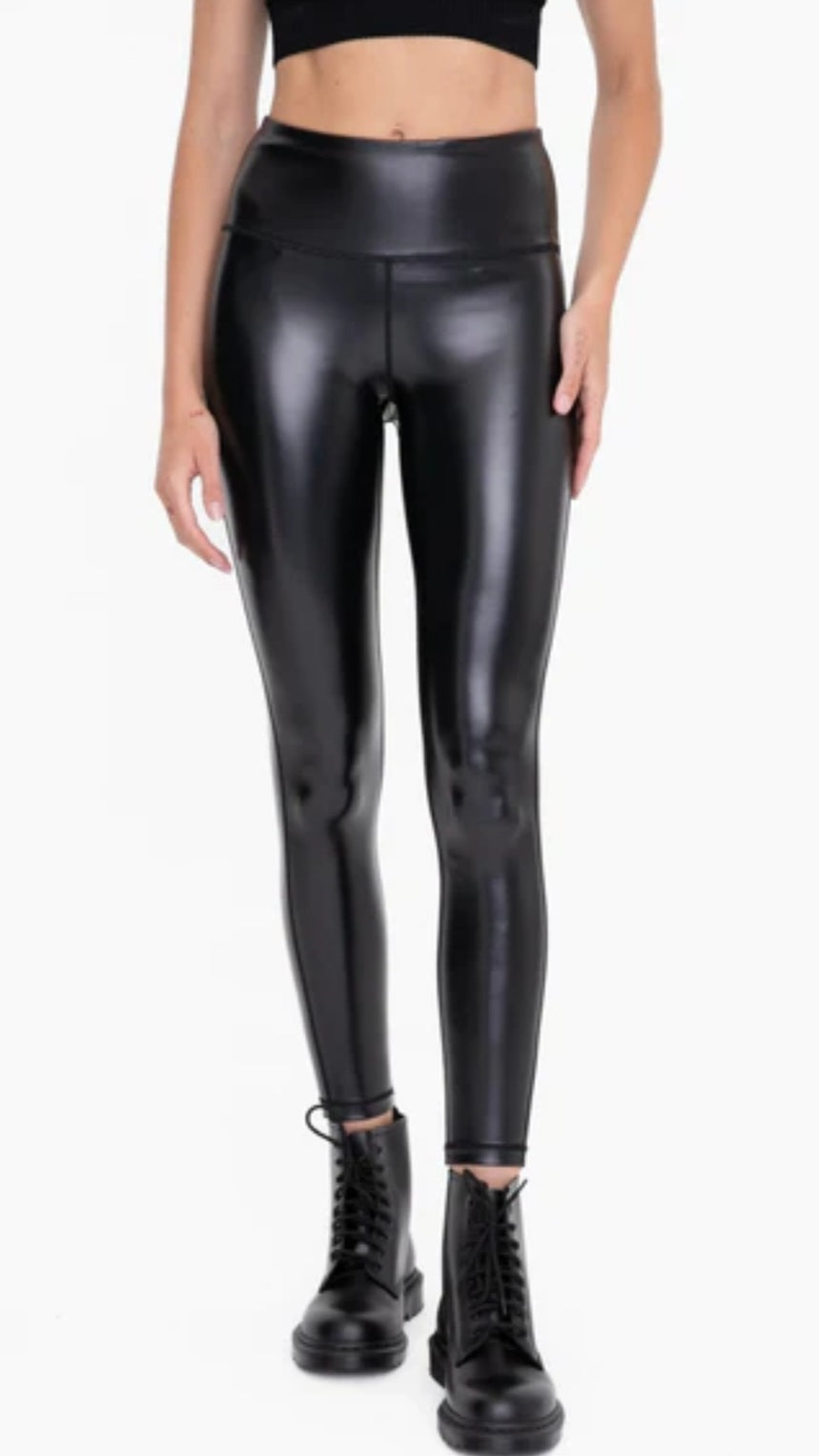Mono B Glossy Liquid Highwaist Faux Leather Leggings-Black