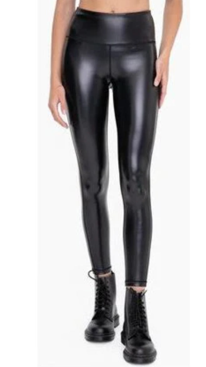 Mono B Glossy Liquid Highwaist Faux Leather Leggings-Black