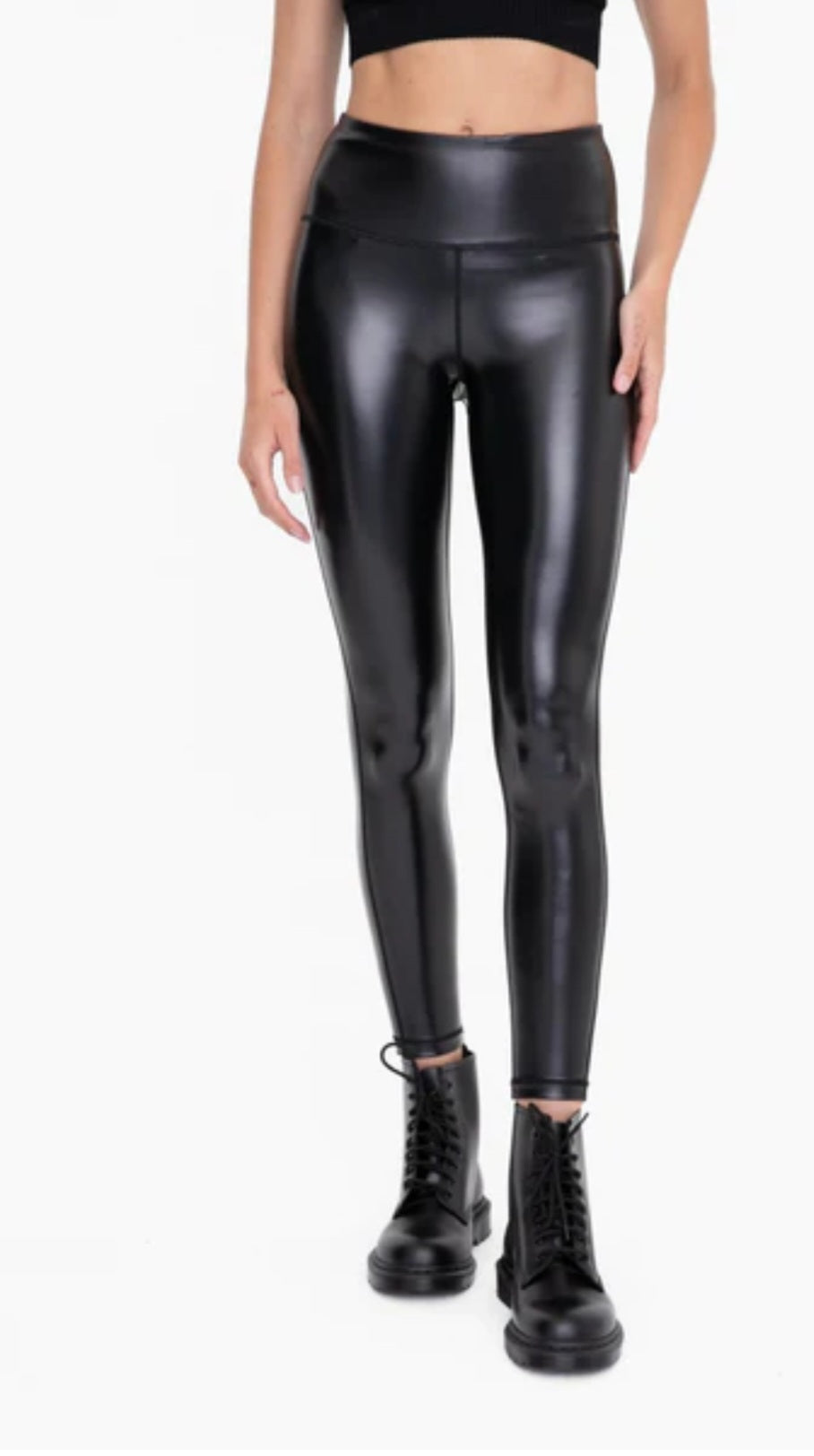 Mono B Glossy Liquid Highwaist Faux Leather Leggings-Black