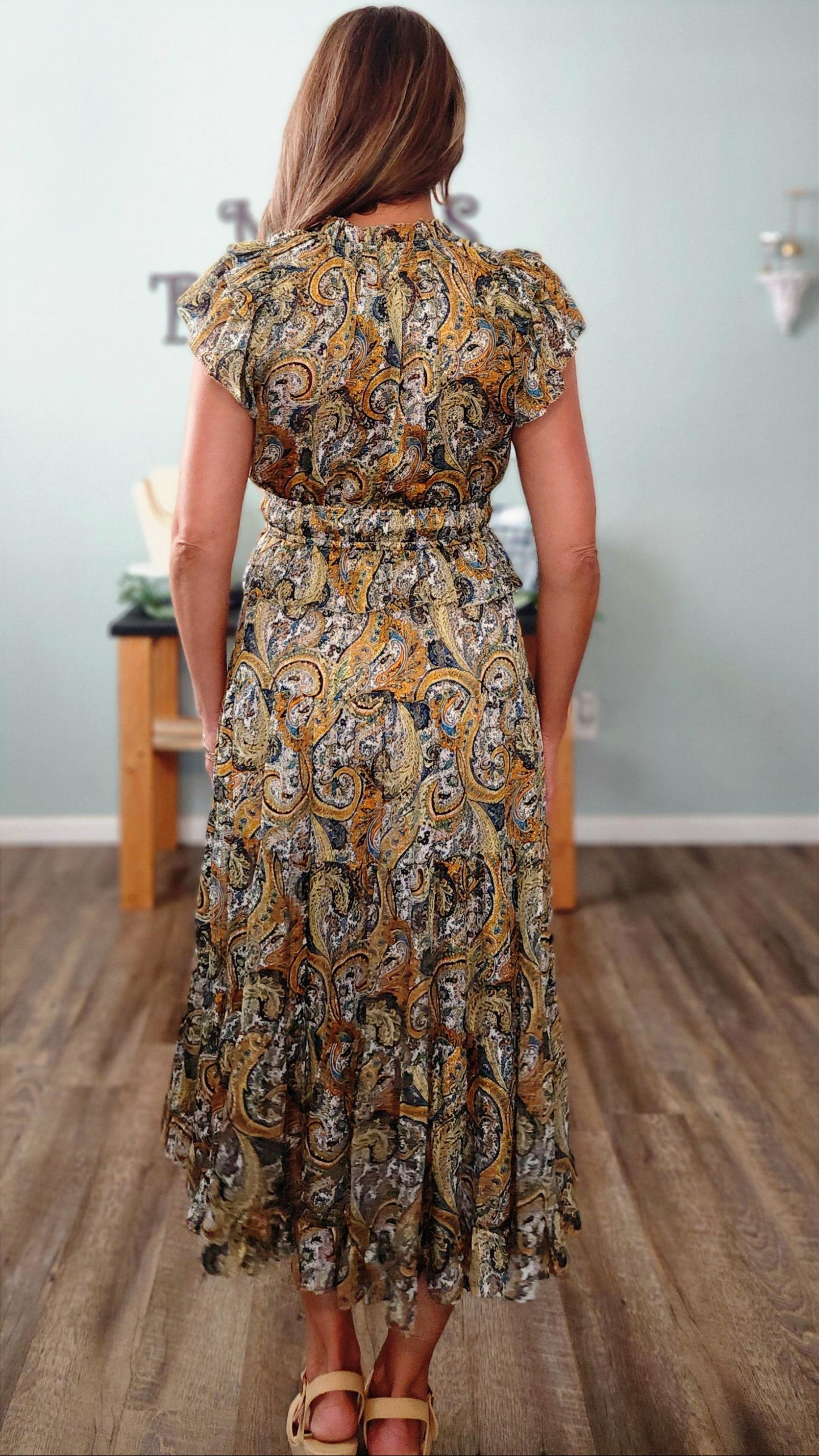 🖤Reset by Jane- Calypso Paisley Midi Dress- Boho Ruffle Detail