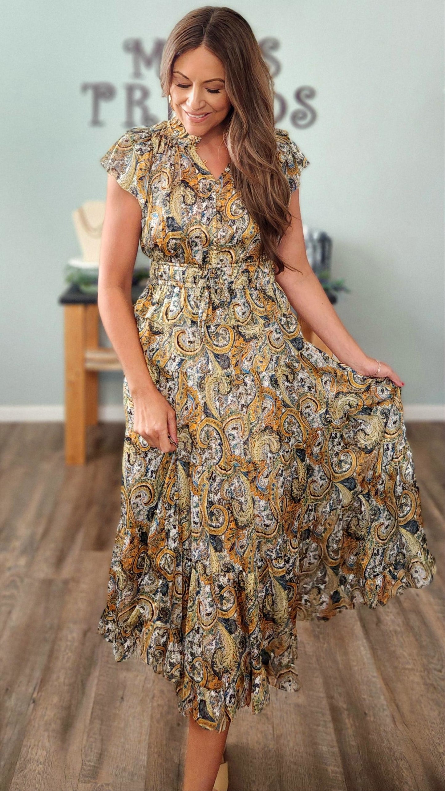 🖤Reset by Jane- Calypso Paisley Midi Dress- Boho Ruffle Detail