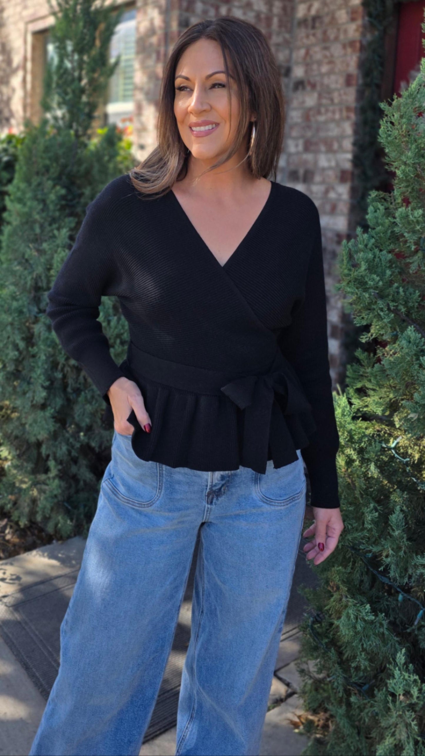 The Polished Tie Peplum Sweater- Black