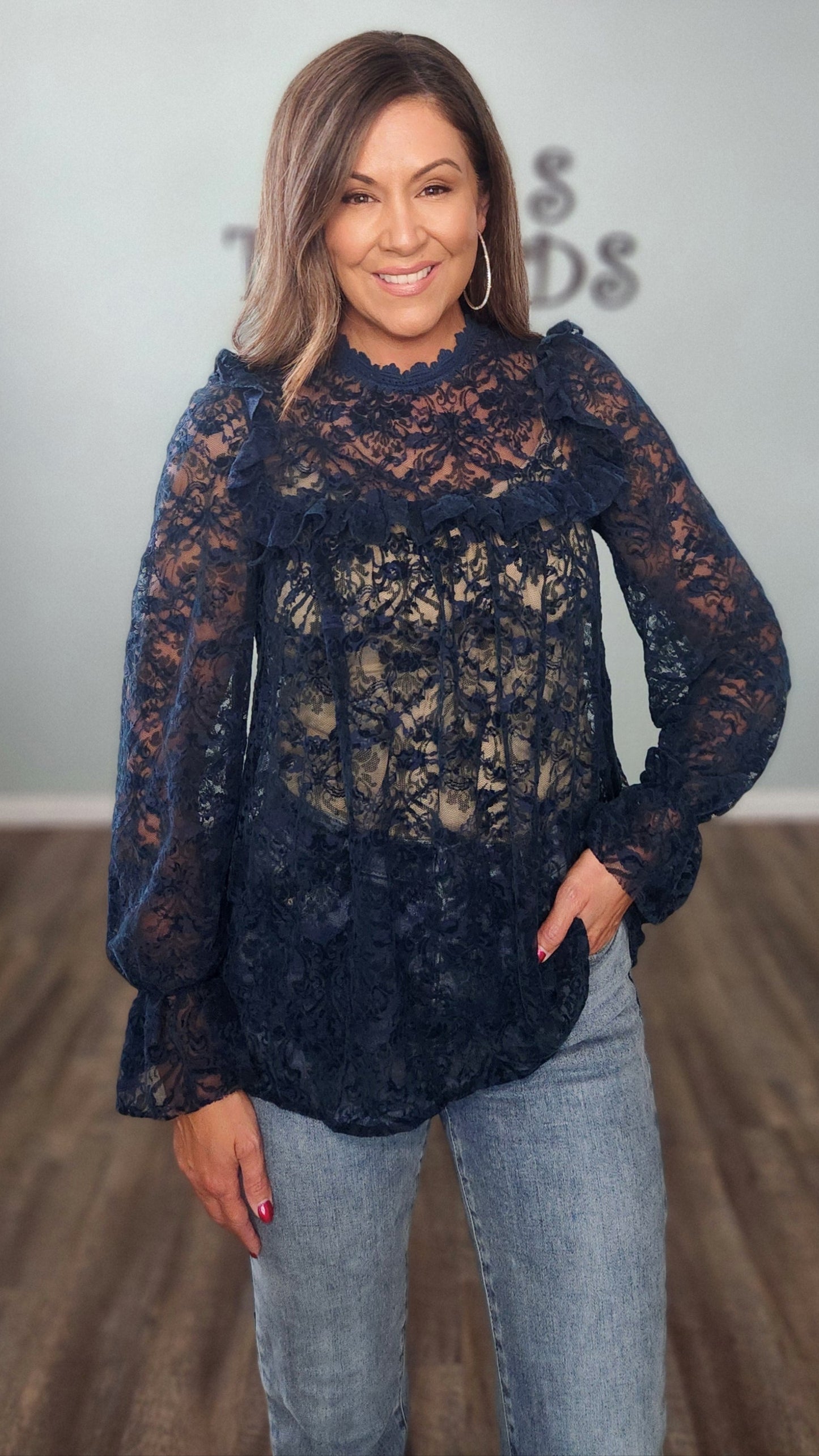 Charmed in Lace Blouse-Navy