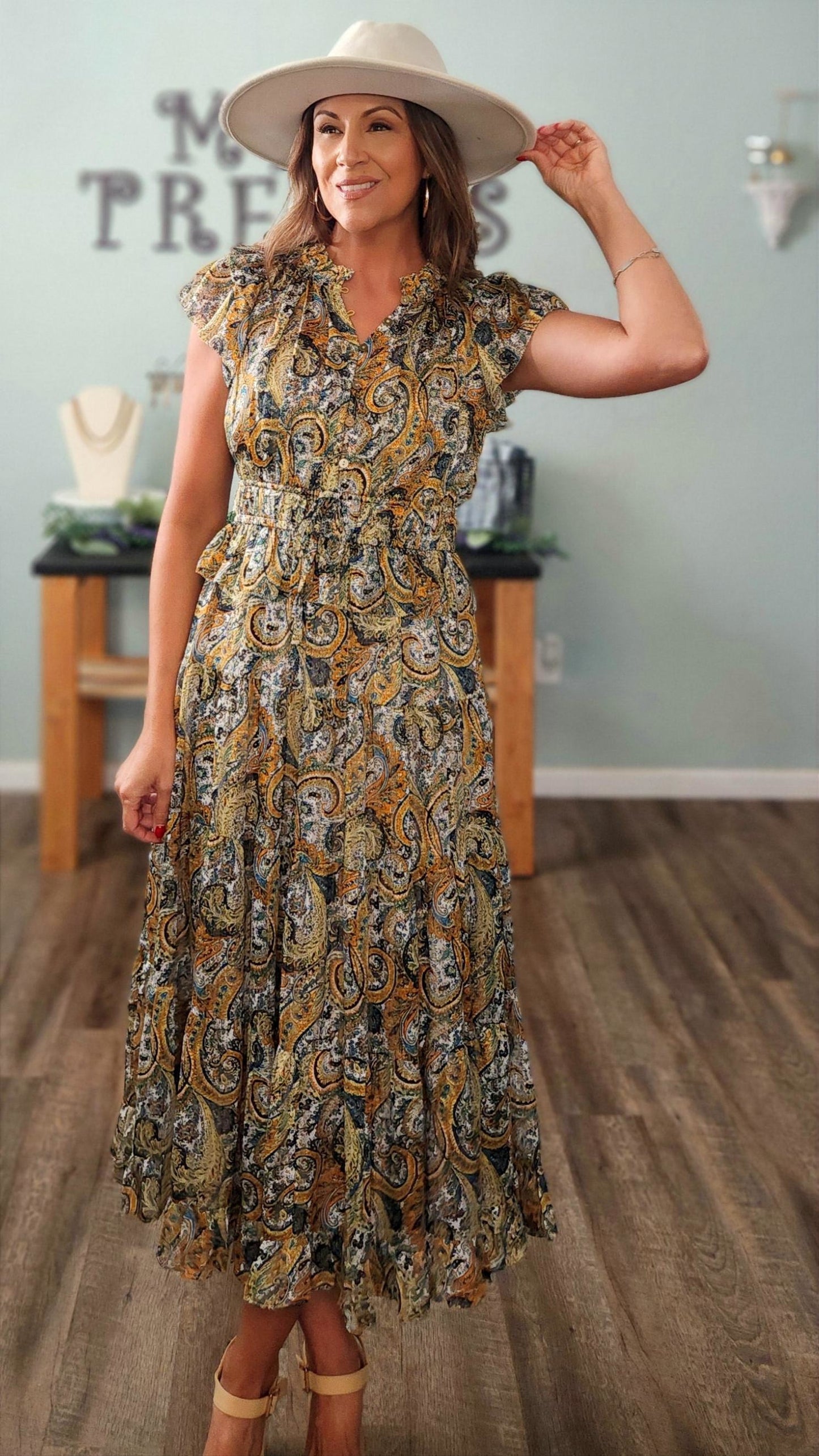 🖤Reset by Jane- Calypso Paisley Midi Dress- Boho Ruffle Detail