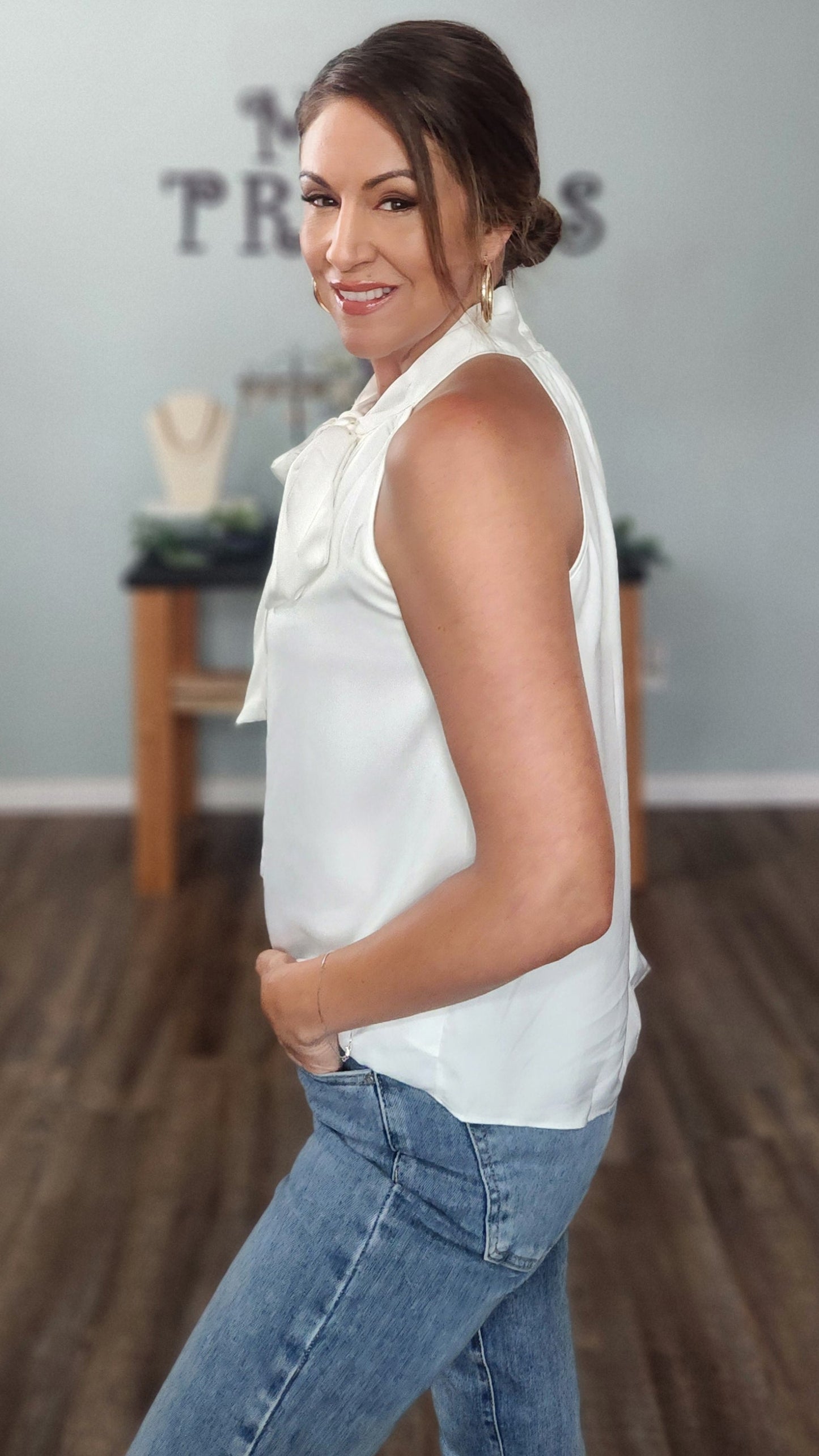 🖤 Reset by Jane- The Luxe Neck- Tie Top-Whte