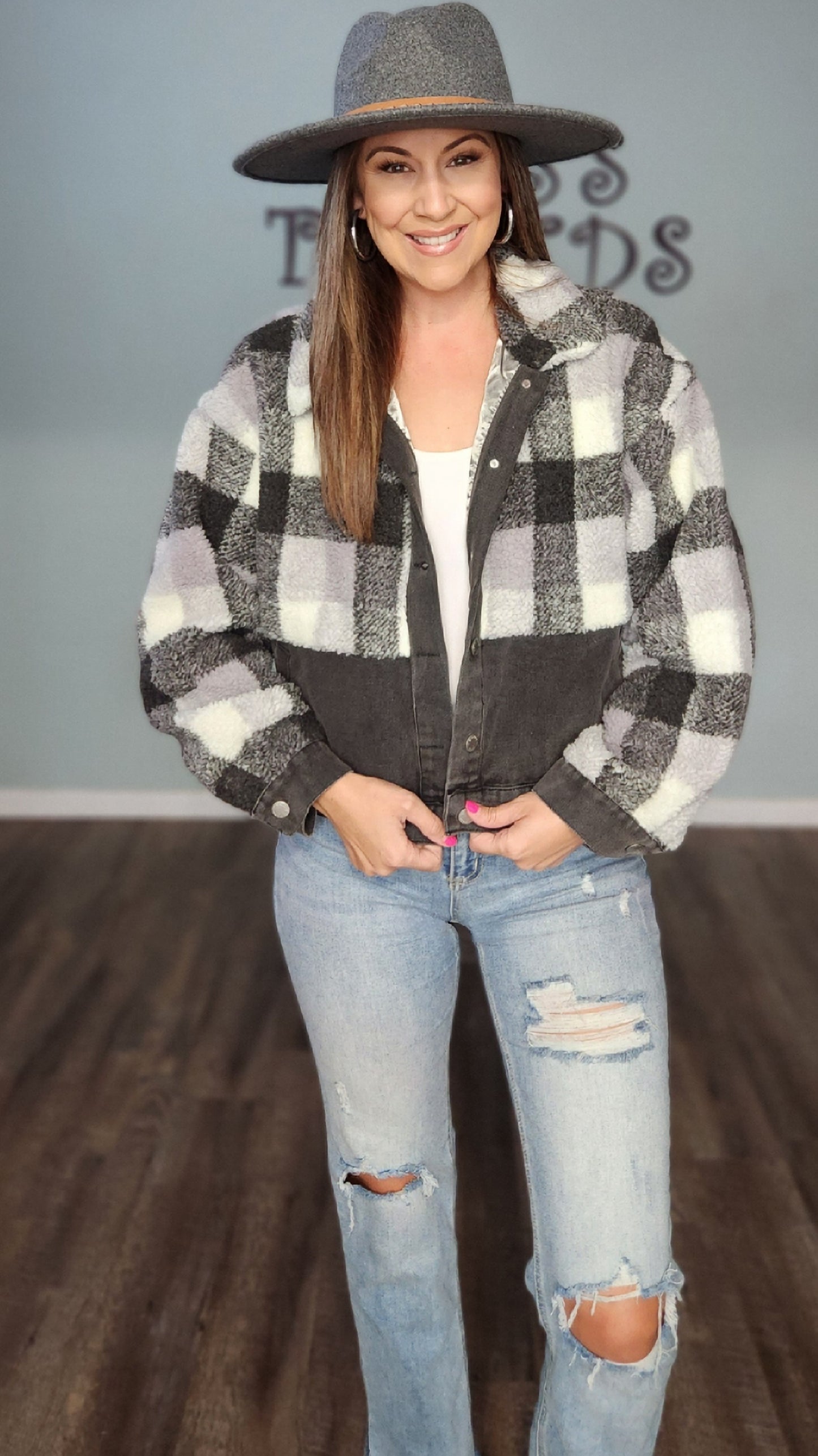 Stay Warm and On Trend Denim fleece Jacket- Black/ Plaid
