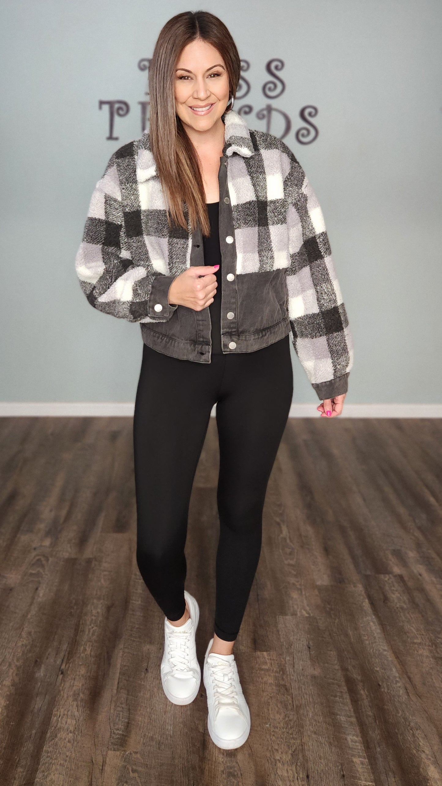 Stay Warm and On Trend Denim fleece Jacket- Black/ Plaid