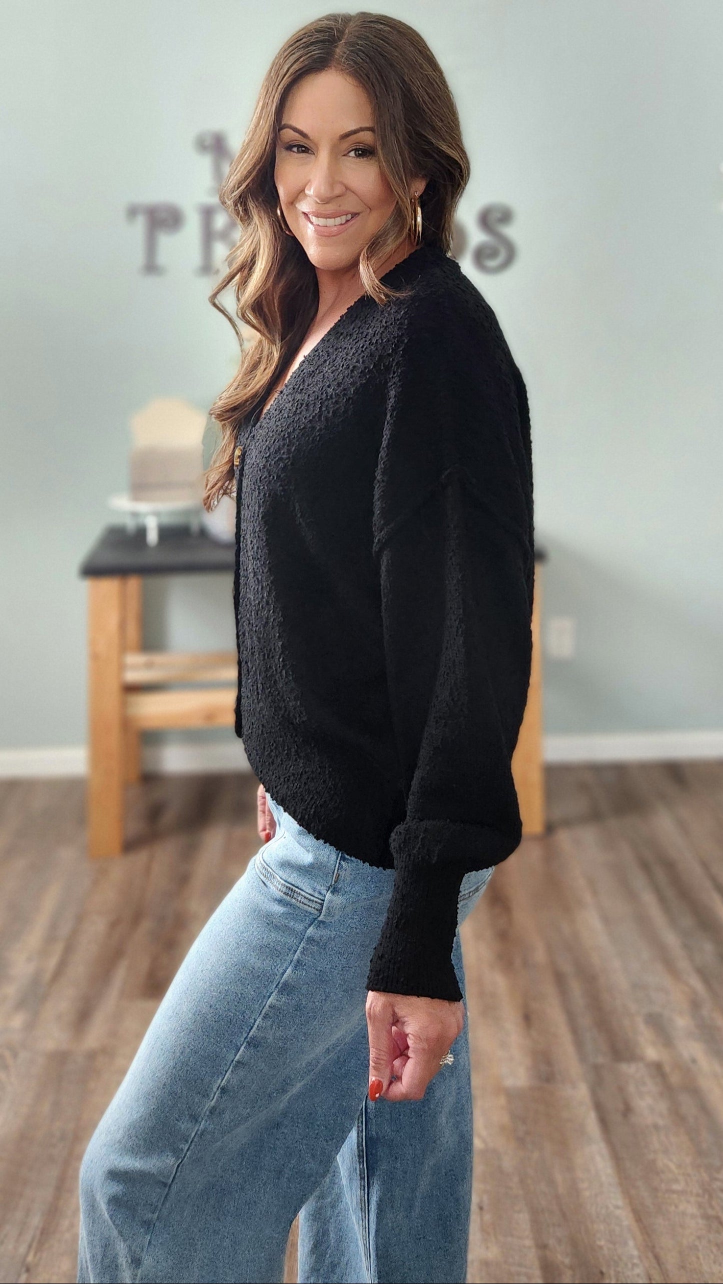 Textured Button Front Cardigan-Black