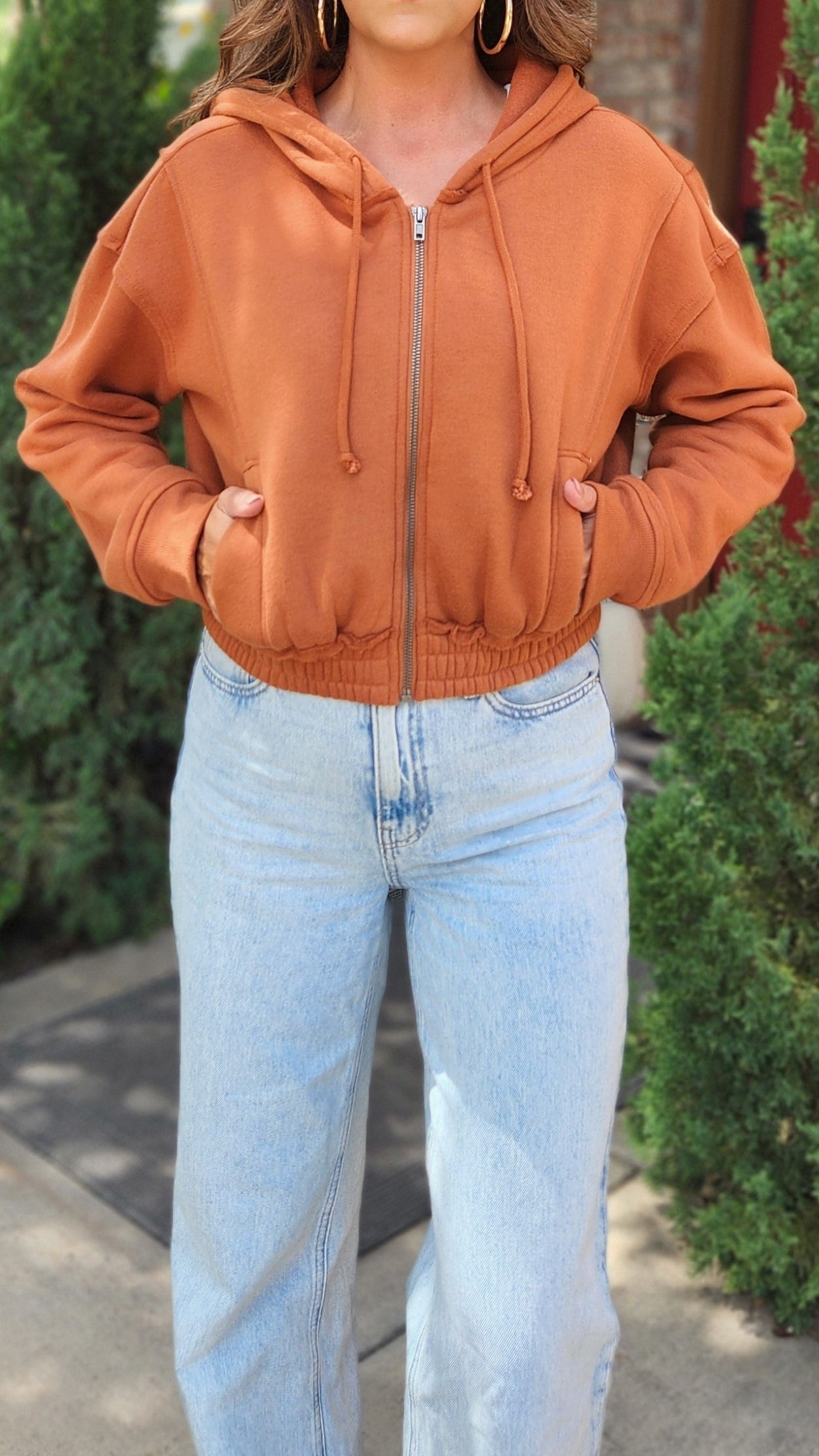 Weekend Layer Cropped Zip Hoodie Jacket-Burnt orange