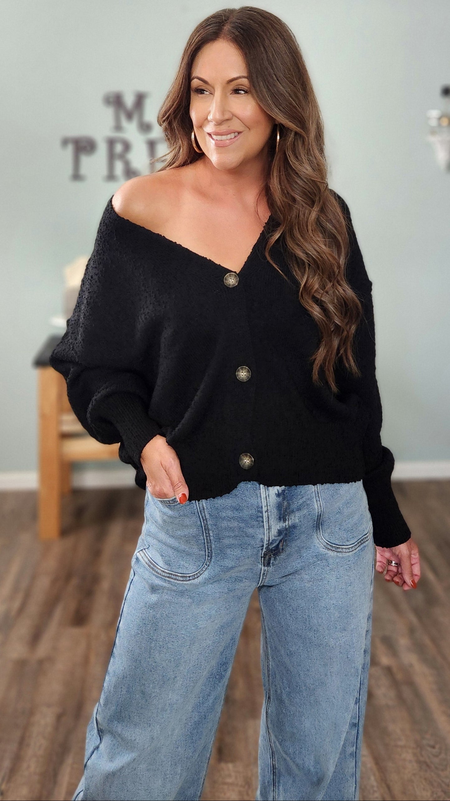 Textured Button Front Cardigan-Black
