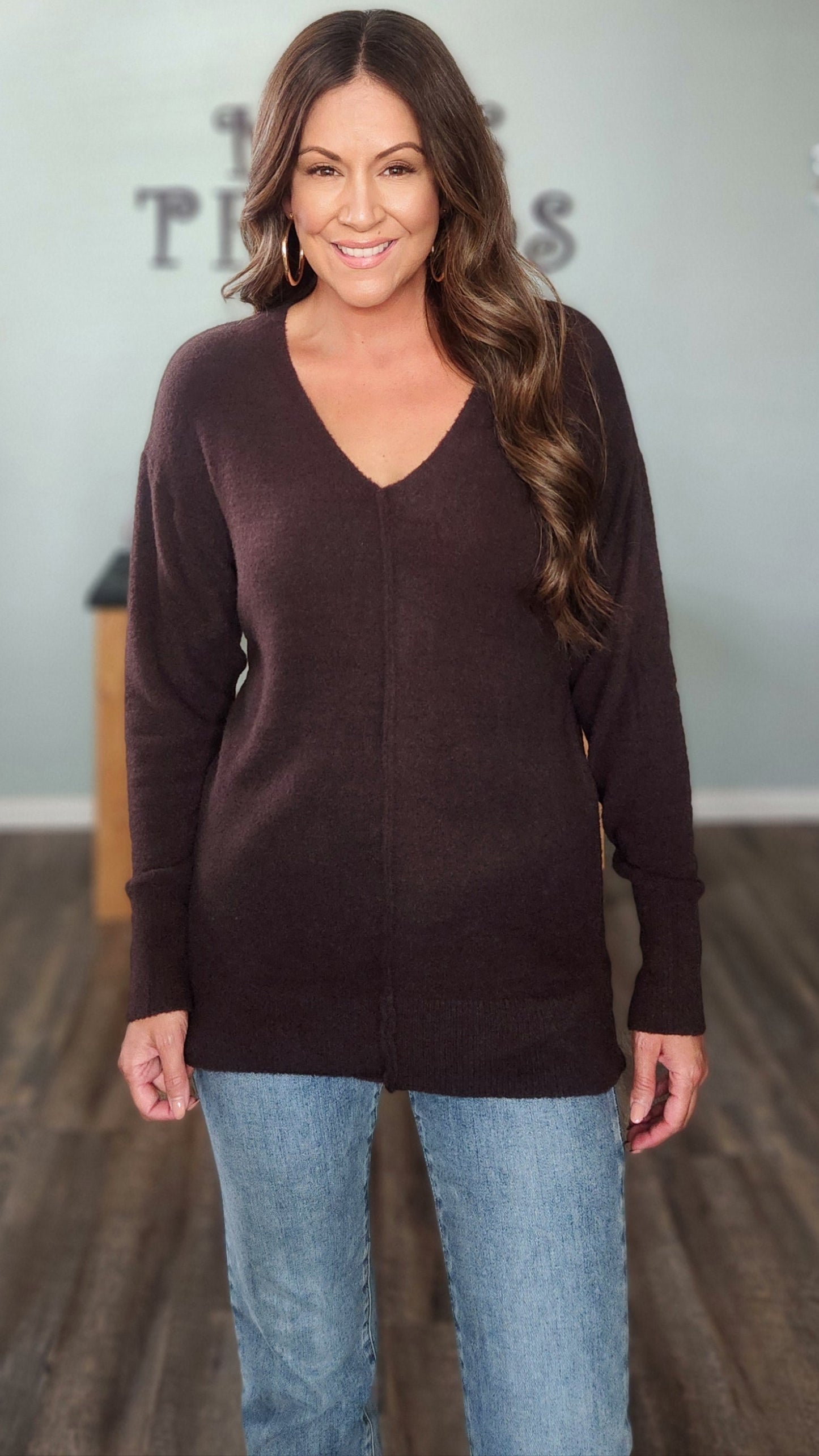 Cozy Classic V-neck Pullover-Chocolate Brown