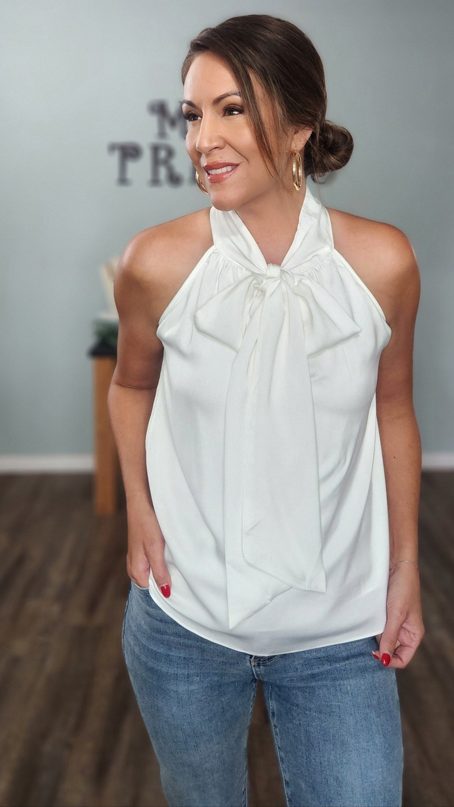 🖤 Reset by Jane- The Luxe Neck- Tie Top-Whte