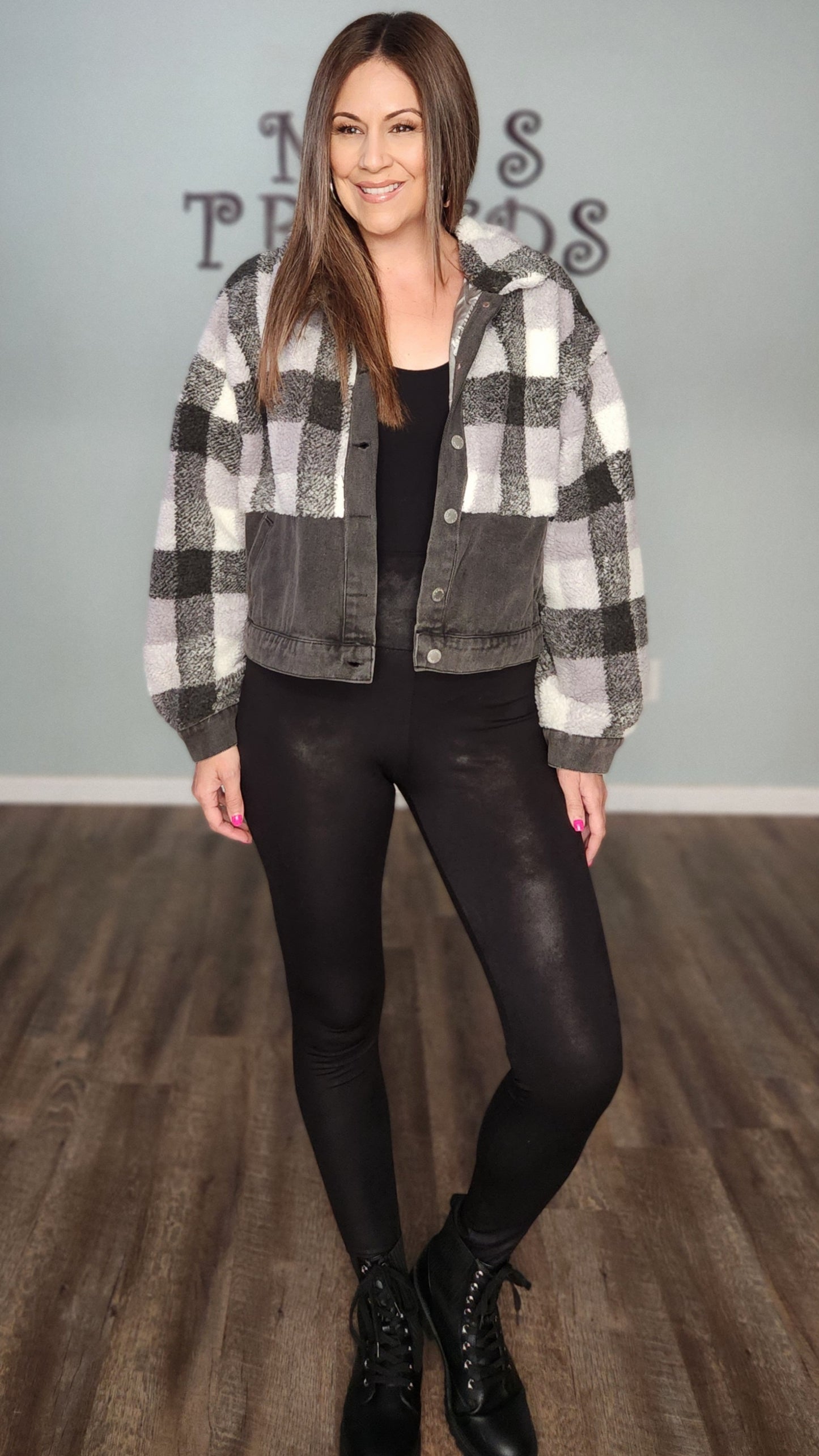 Stay Warm and On Trend Denim fleece Jacket- Black/ Plaid