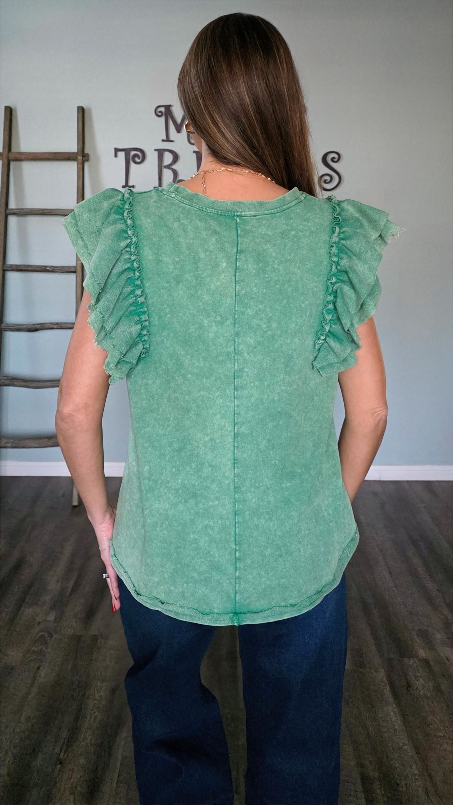Mineral Washed Ruffle Sleeve Top in Green