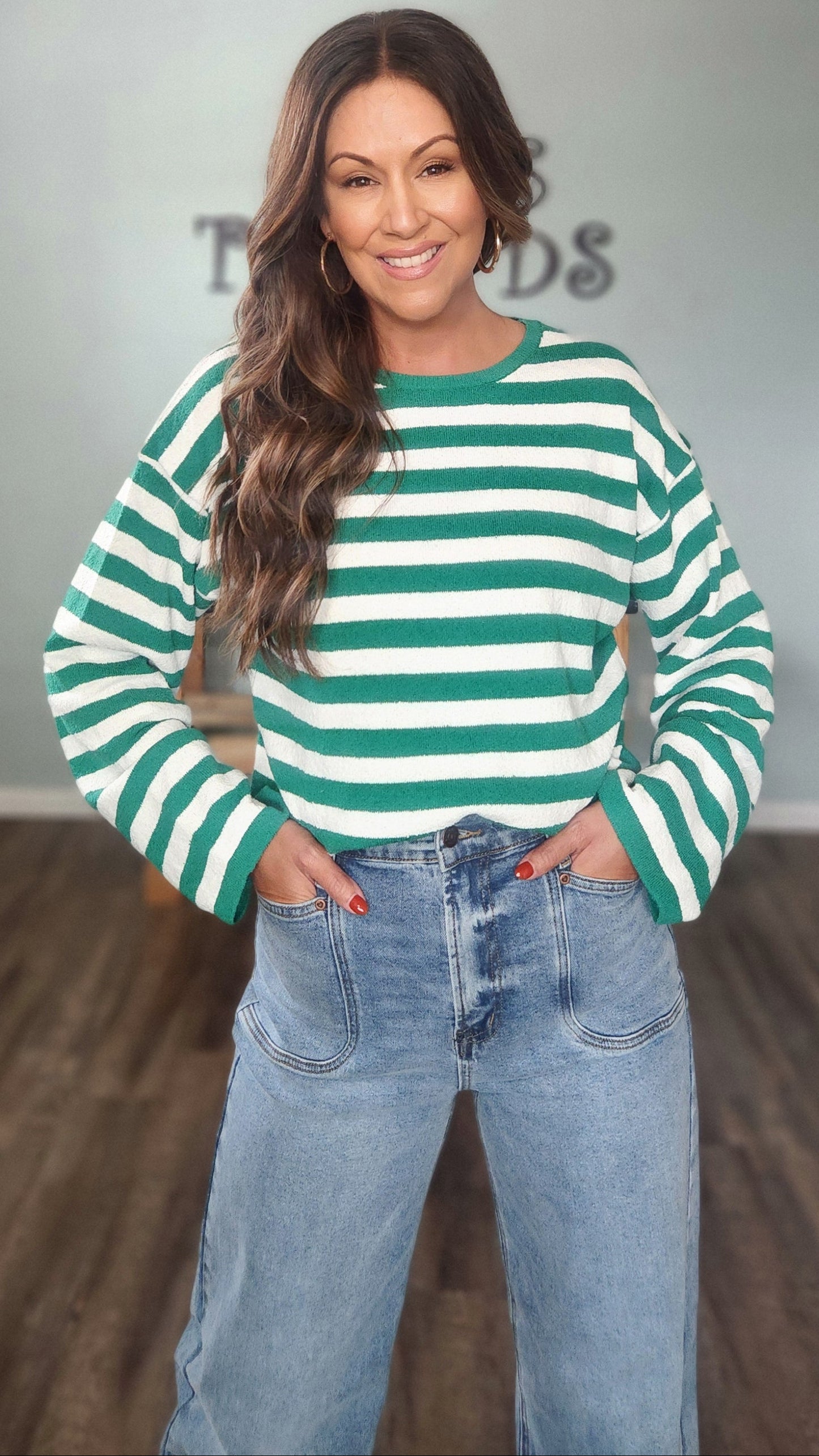 The Harbor Stripe Pullover-Green/ white