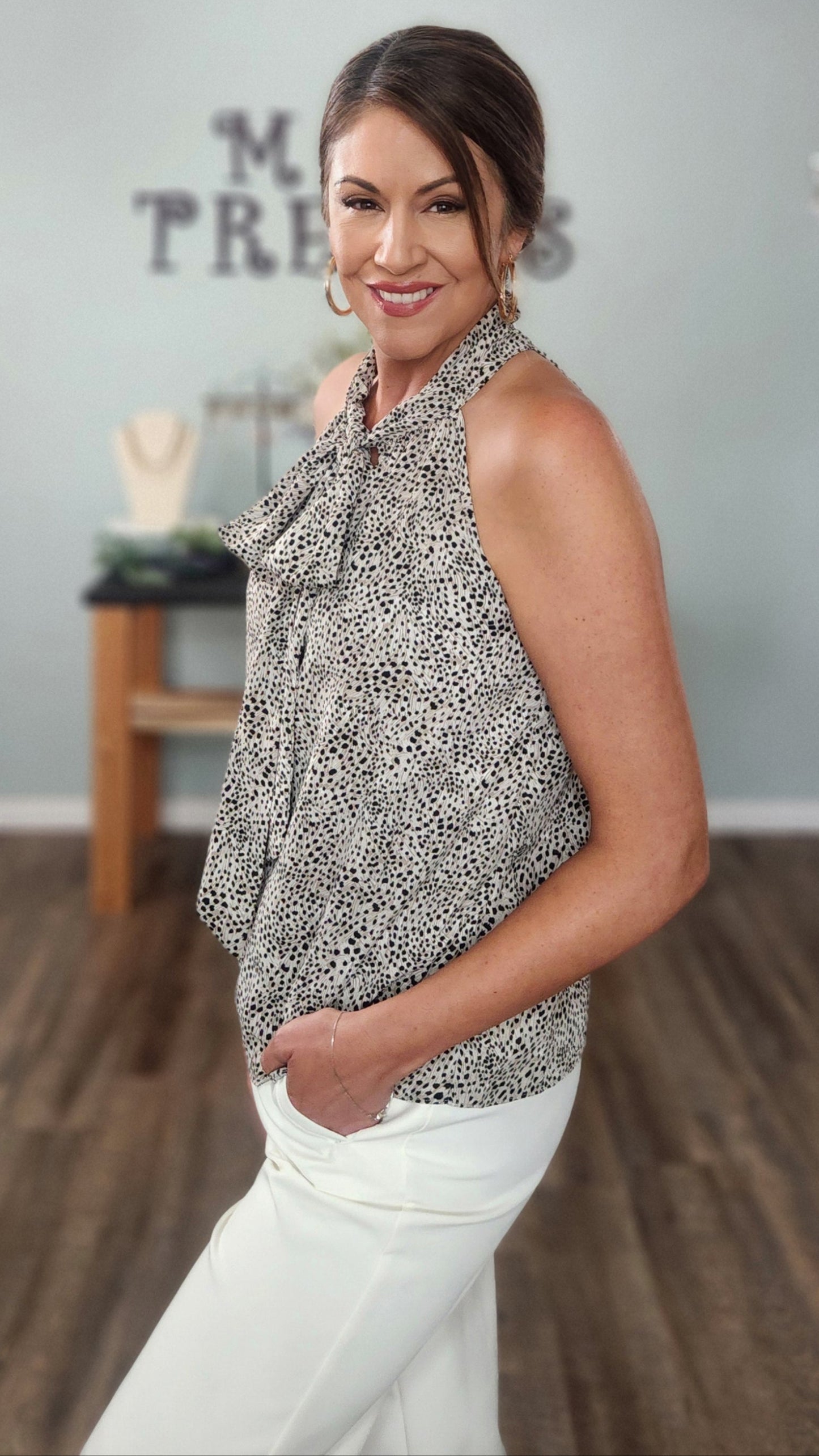 🖤 Reset by Jane- The Luxe Neck- Tie Top-Taupe/Ivory/Black
