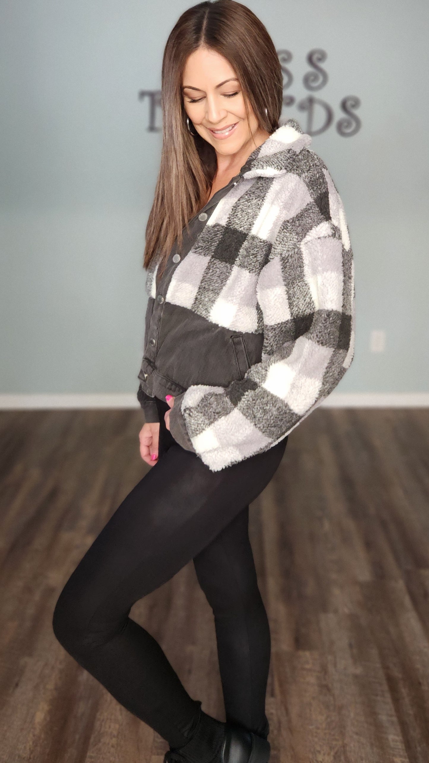 Stay Warm and On Trend Denim fleece Jacket- Black/ Plaid