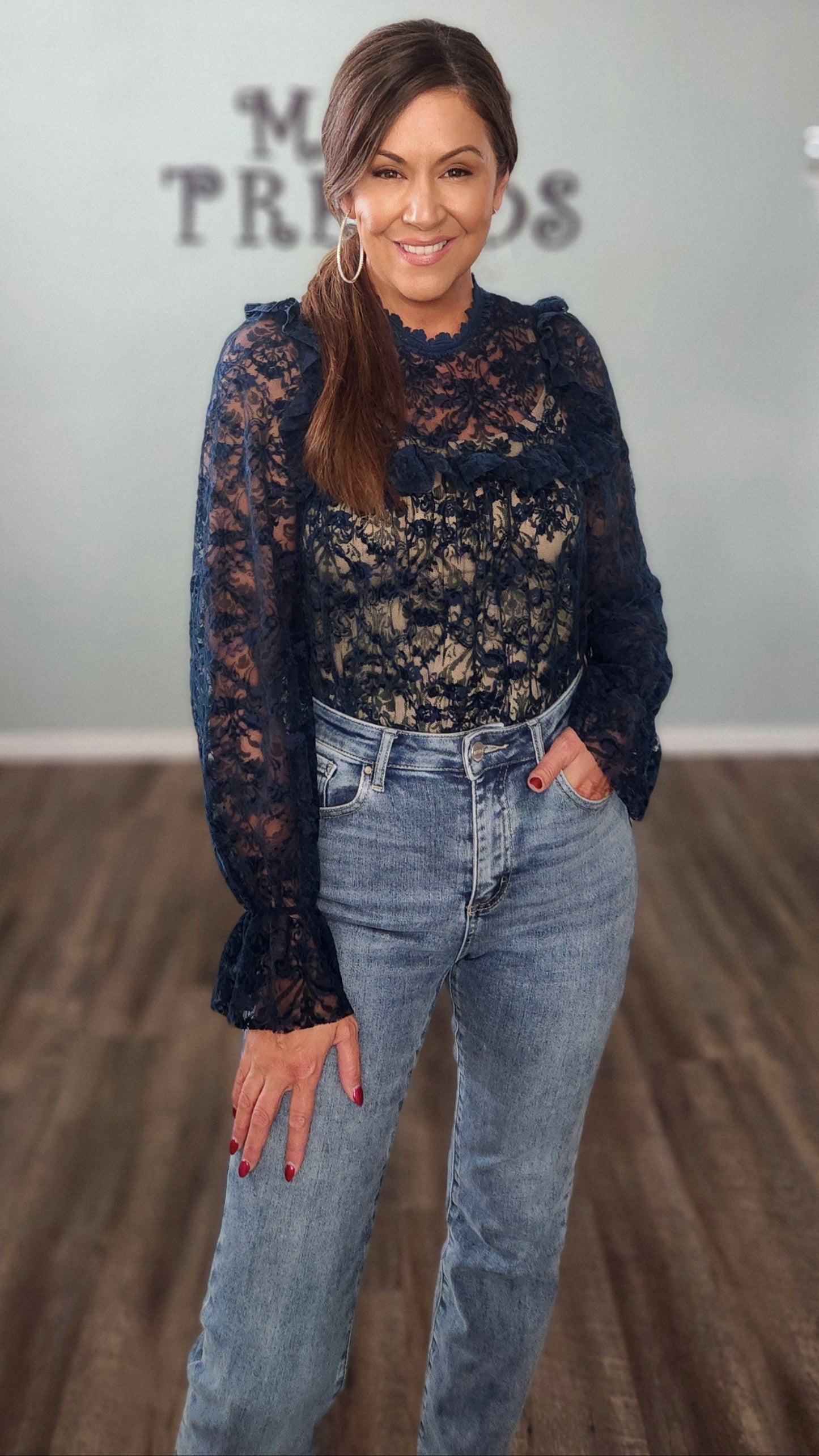Charmed in Lace Blouse-Navy