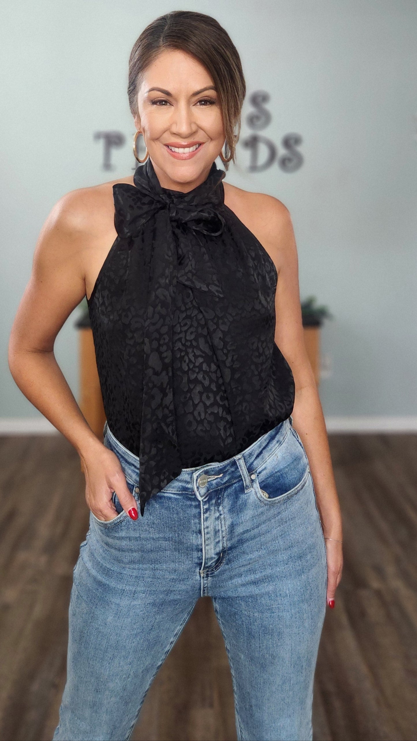 🖤 Reset by Jane- The Luxe Neck- Tie Top-Black Leopard