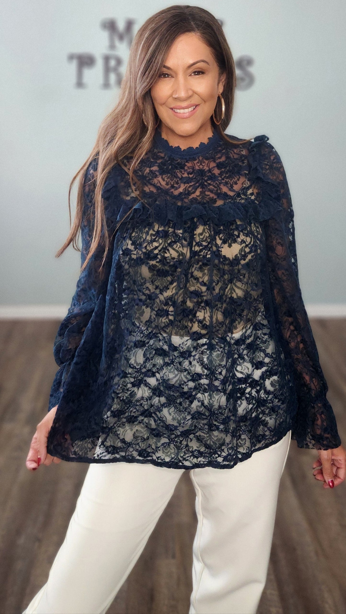 Charmed in Lace Blouse-Navy
