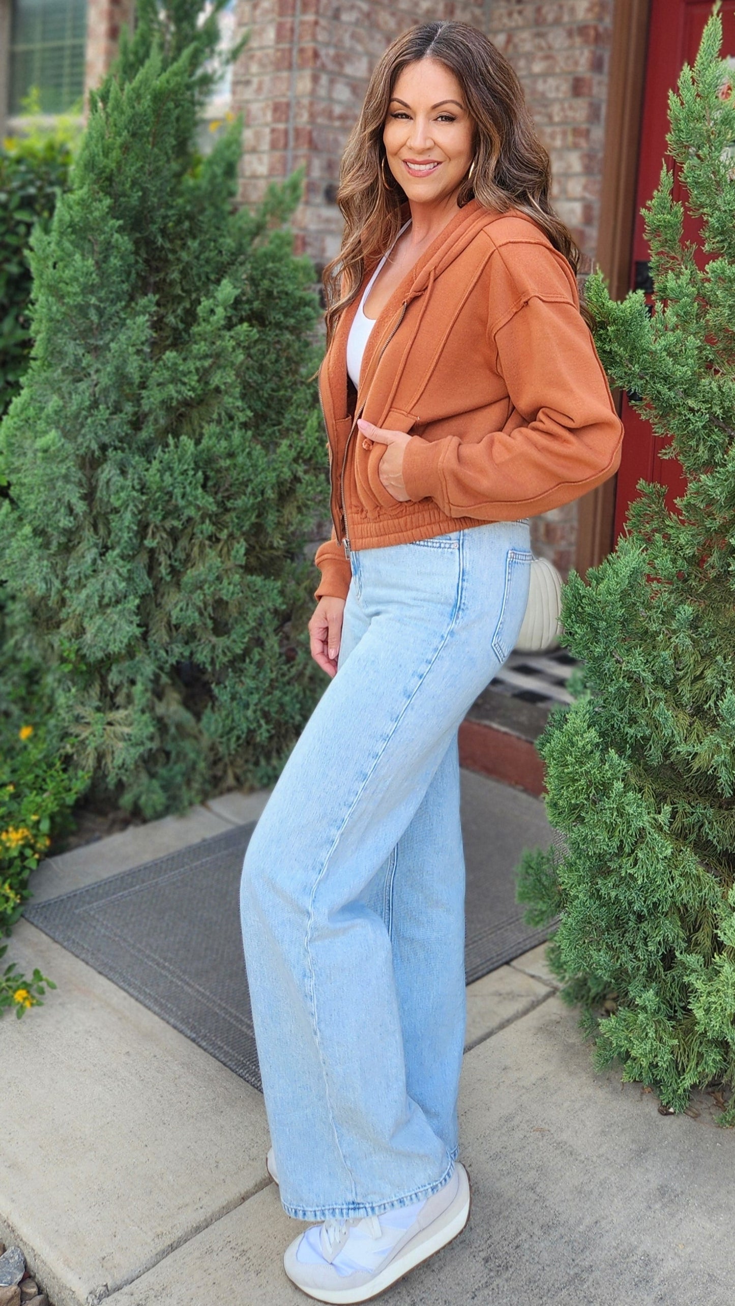 Weekend Layer Cropped Zip Hoodie Jacket-Burnt orange
