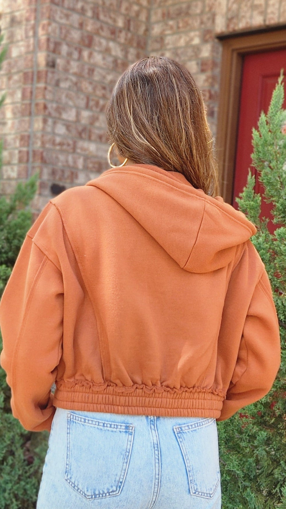 Weekend Layer Cropped Zip Hoodie Jacket-Burnt orange