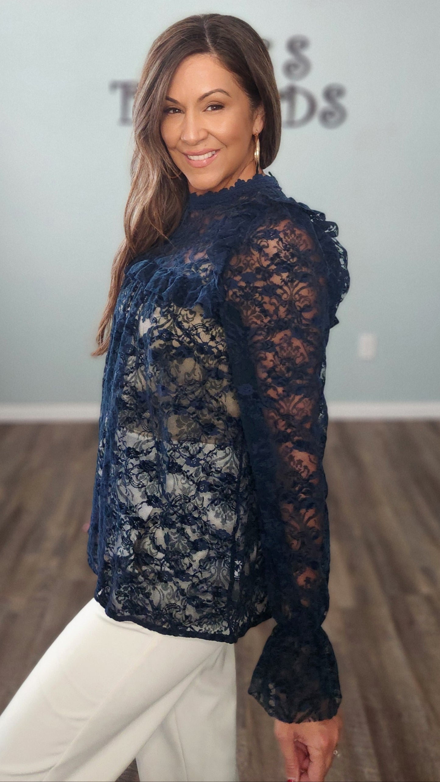 Charmed in Lace Blouse-Navy