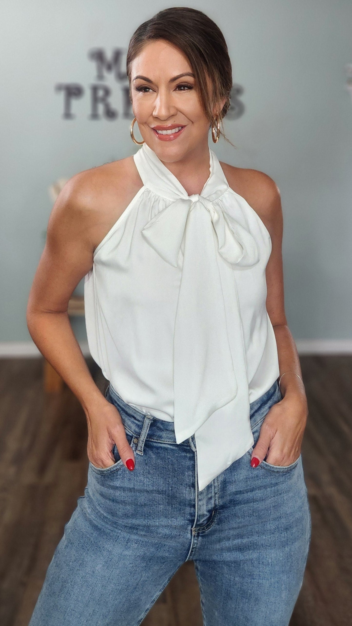 🖤 Reset by Jane- The Luxe Neck- Tie Top-Whte