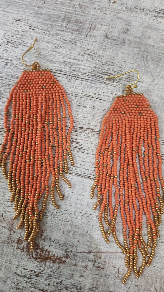 Coral and Gold Beaded Earrings