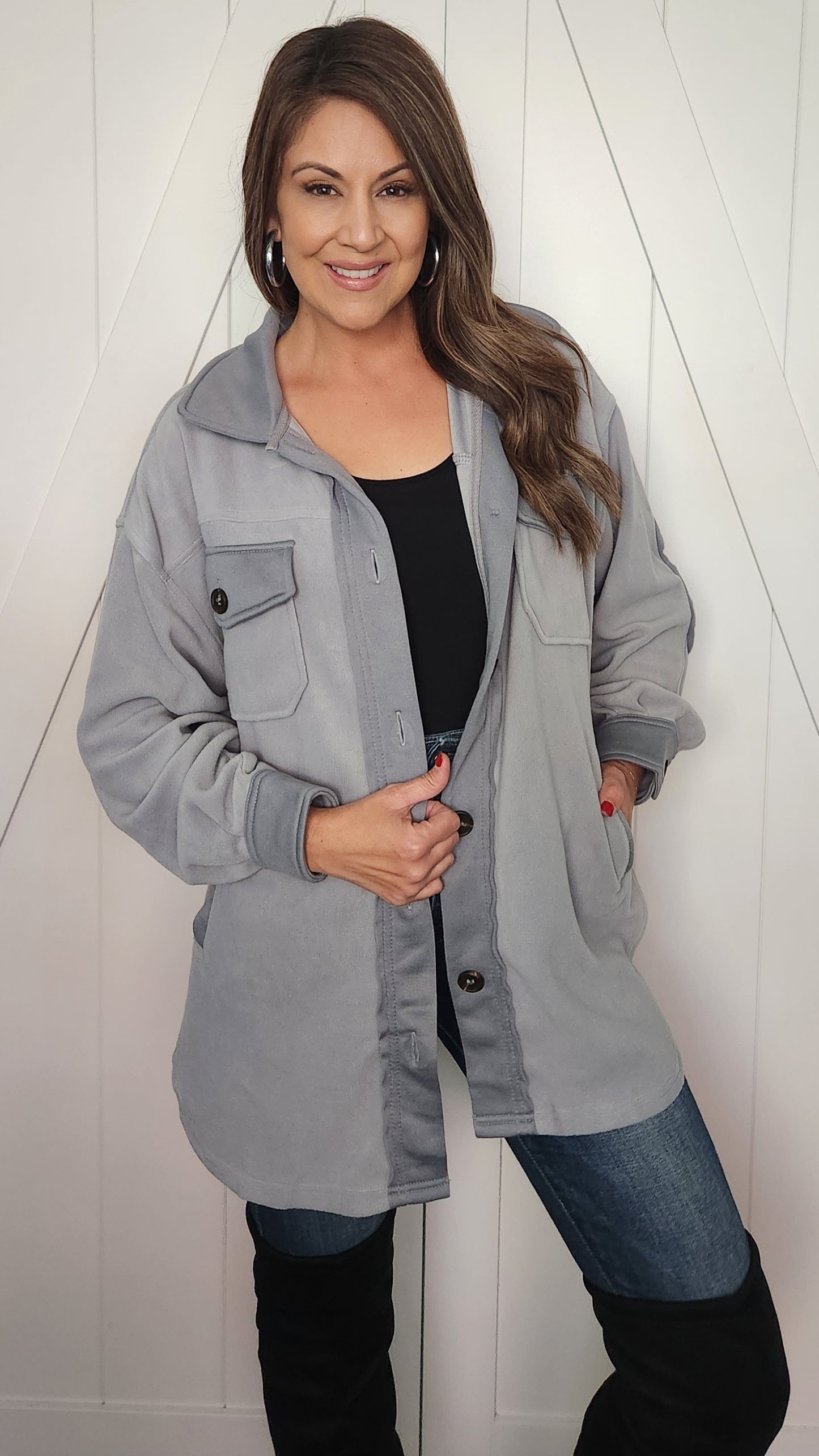 Snuggle Up In This Shacket-Sleet grey