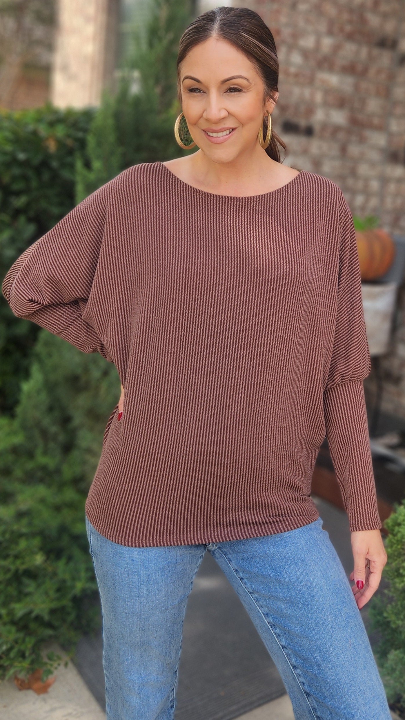 Playful Curly Rib Sweater Top-Hazelnut