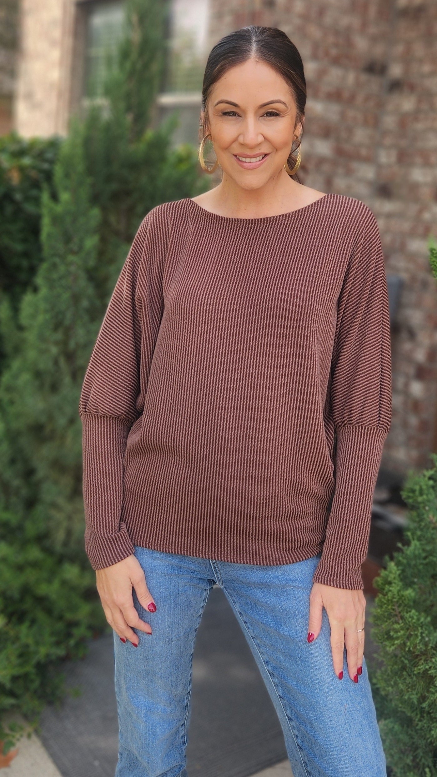 Playful Curly Rib Sweater Top-Hazelnut