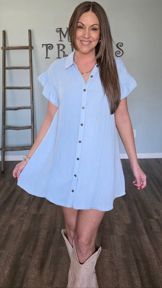 Chambray Breeze Ruffle Sleeve Dress