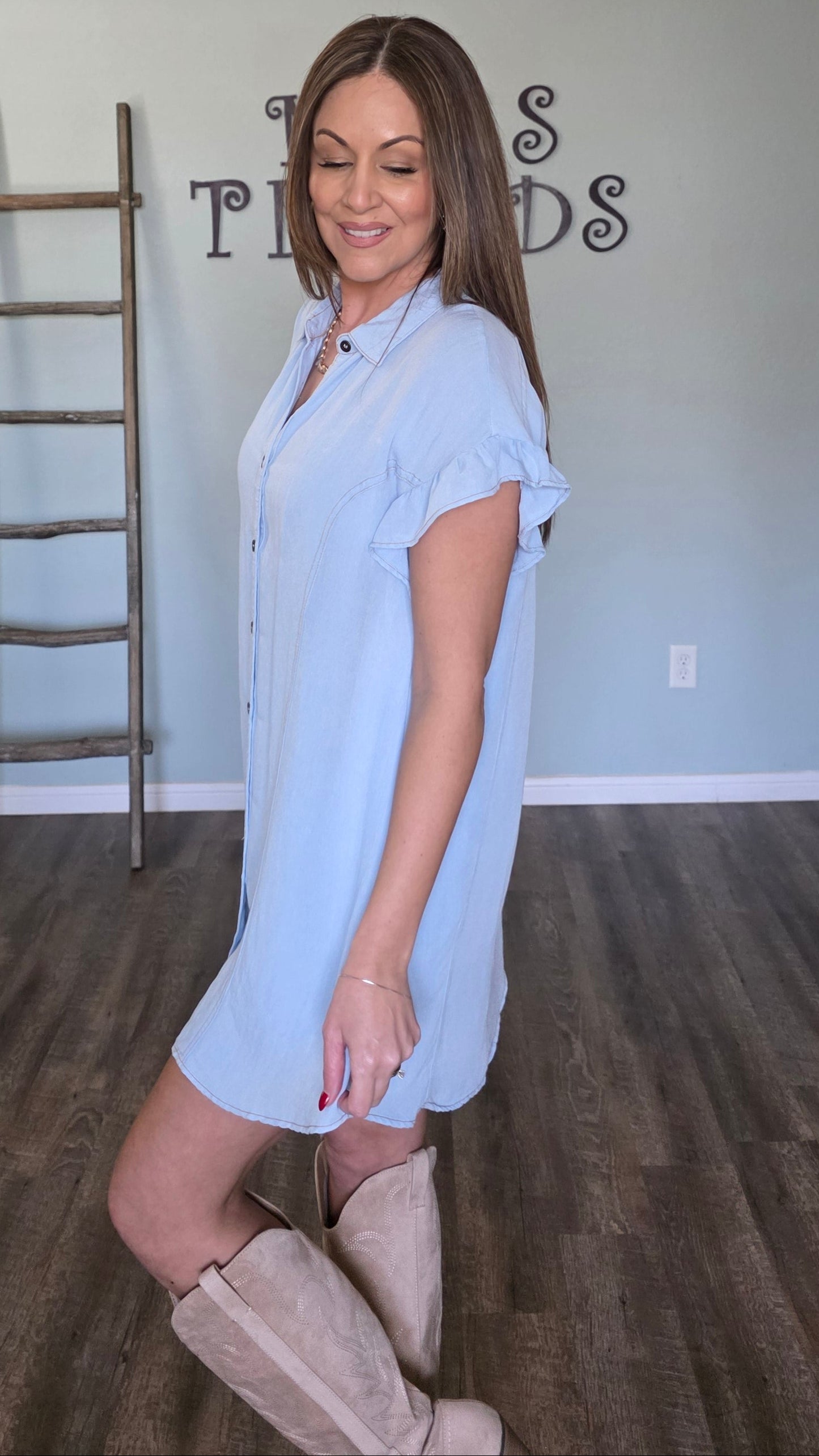 Chambray Breeze Ruffle Sleeve Dress