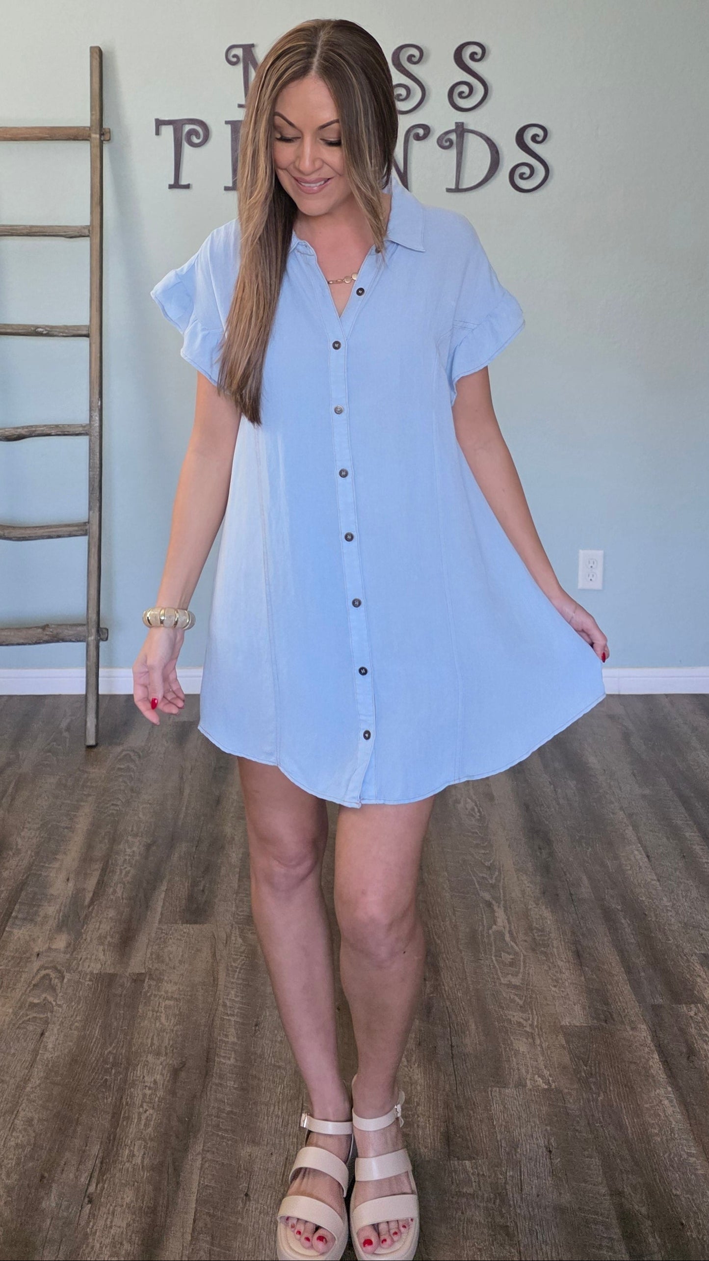 Chambray Breeze Ruffle Sleeve Dress
