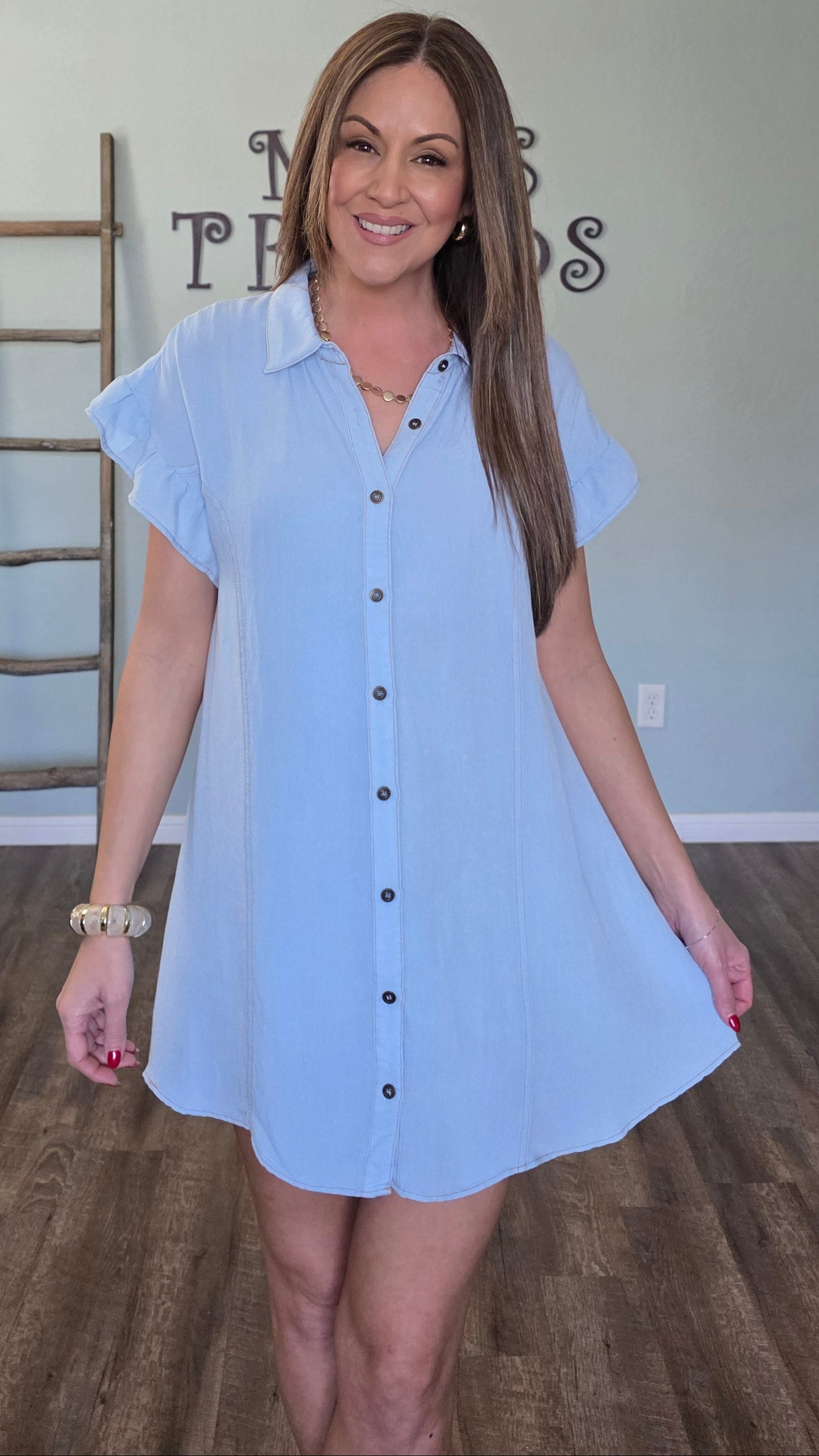 Chambray Breeze Ruffle Sleeve Dress