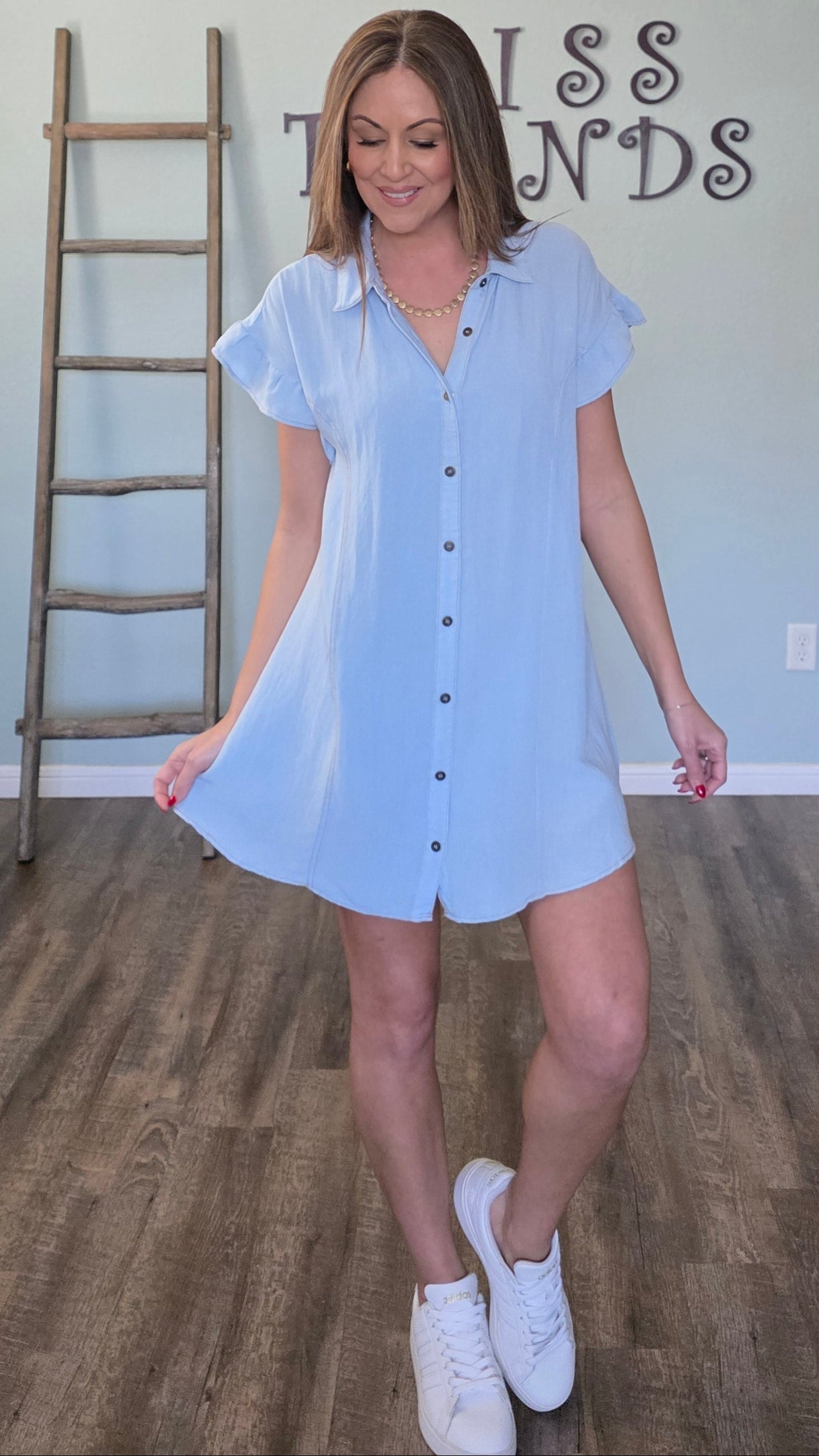 Chambray Breeze Ruffle Sleeve Dress