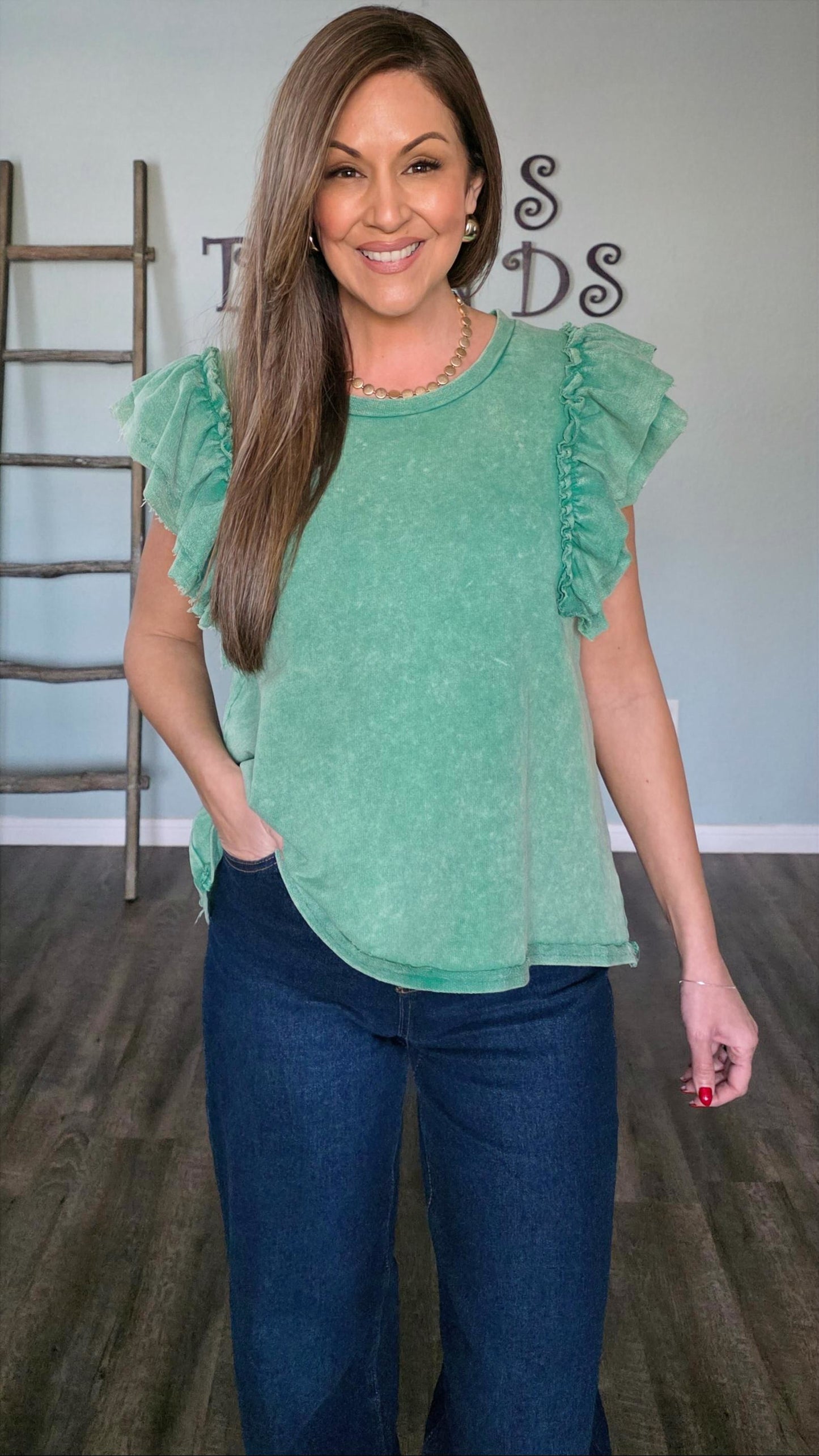 Mineral Washed Ruffle Sleeve Top in Green